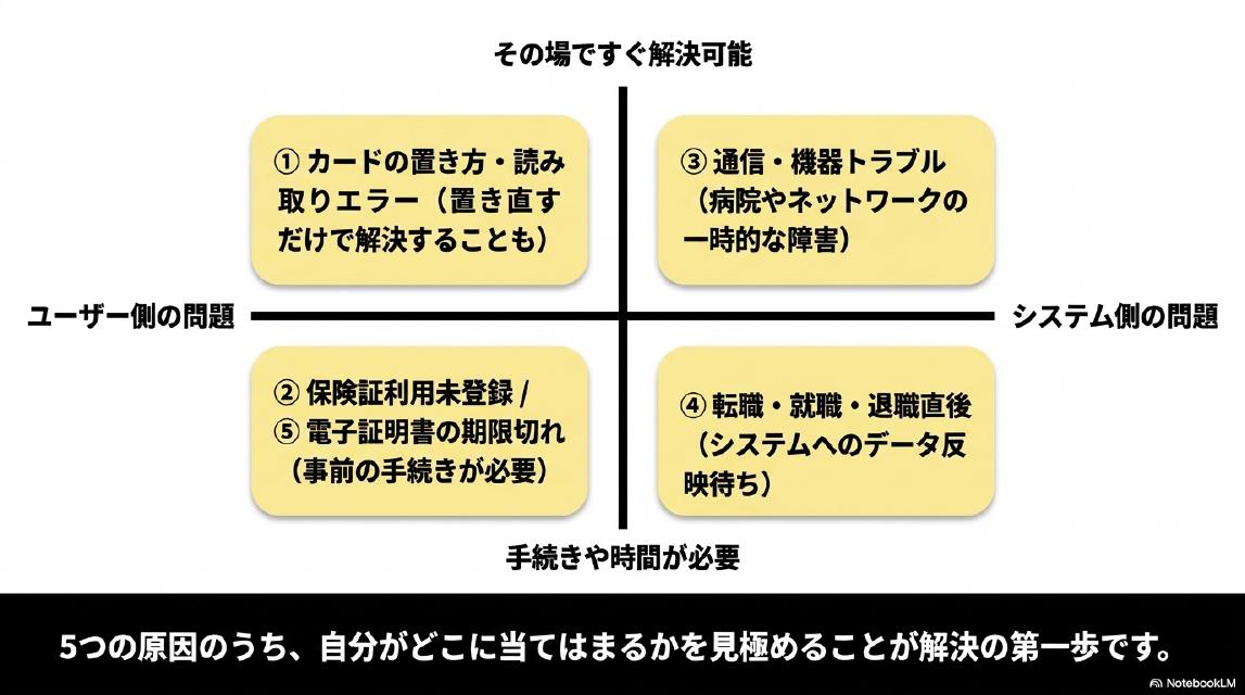 マイナ保険証が使えない主な原因の4象限マップ。縦軸はその場ですぐ解決可能か手続きや時間が必要か、横軸はユーザー側の問題かシステム側の問題か。①カードの置き方・読み取りエラーはユーザー側かつその場ですぐ解決可能。③通信・機器トラブルはシステム側かつその場ですぐ解決可能。②保険証利用未登録・⑤電子証明書の期限切れはユーザー側かつ手続きや時間が必要。④転職・就職・退職直後はシステム側かつ手続きや時間が必要。5つの原因のうち自分がどこに当てはまるかを見極めることが解決の第一歩です。