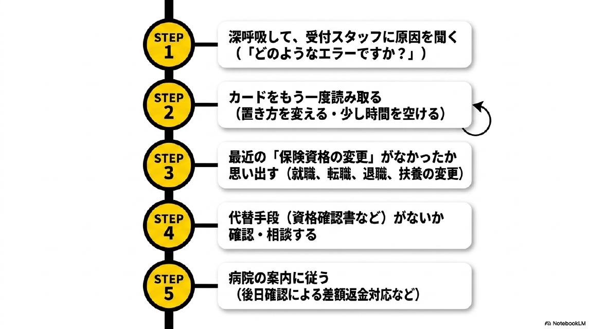 受付できませんと言われた時の5ステップ。STEP1深呼吸して受付スタッフに原因を聞く（どのようなエラーですか？）。STEP2カードをもう一度読み取る（置き方を変える・少し時間を空ける）。STEP3最近の保険資格の変更がなかったか思い出す（就職、転職、退職、扶養の変更）。STEP4代替手段（資格確認書など）がないか確認・相談する。STEP5病院の案内に従う（後日確認による差額返金対応など）。