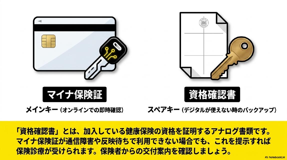 マイナ保険証はメインキー（オンラインでの即時確認）、資格確認書はスペアキー（デジタルが使えない時のバックアップ）。資格確認書とは、加入している健康保険の資格を証明するアナログ書類です。マイナ保険証が通信障害や反映待ちで利用できない場合でも、これを提示すれば保険診療が受けられます。保険者からの交付案内を確認しましょう。