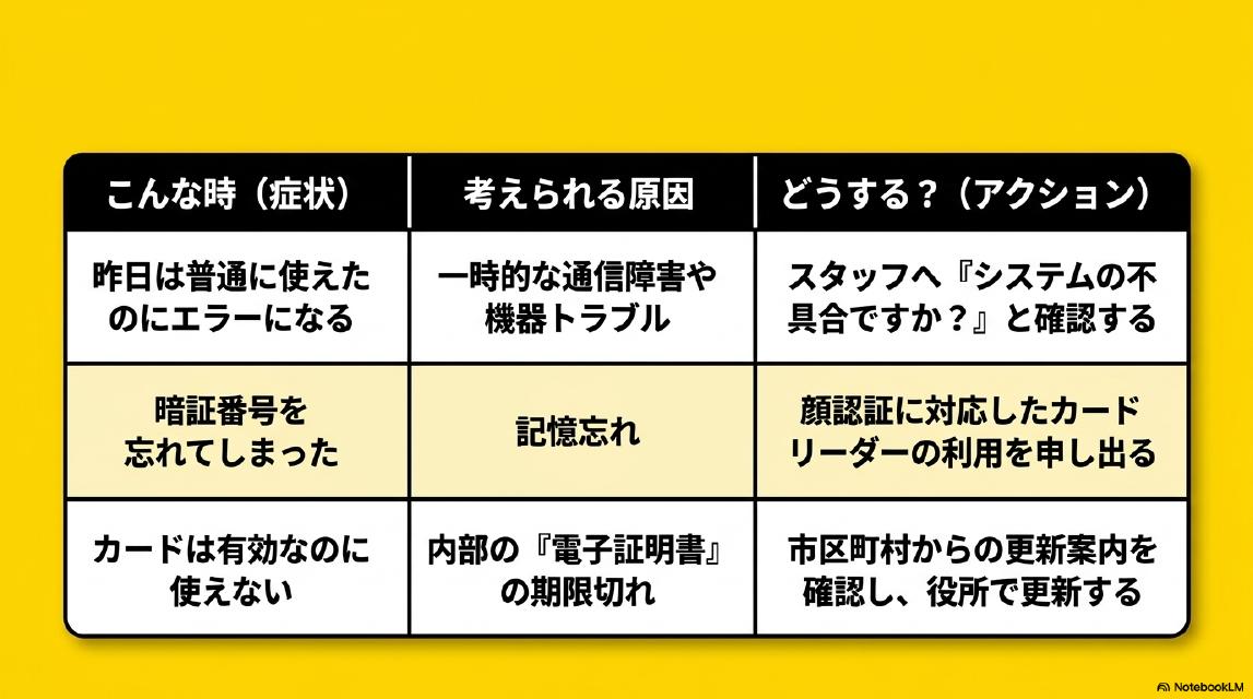 こんな時（症状）、考えられる原因、どうする？（アクション）の早見表。昨日は普通に使えたのにエラーになる→一時的な通信障害や機器トラブル→スタッフへ『システムの不具合ですか？』と確認する。暗証番号を忘れてしまった→記憶忘れ→顔認証に対応したカードリーダーの利用を申し出る。カードは有効なのに使えない→内部の『電子証明書』の期限切れ→市区町村からの更新案内を確認し役所で更新する。