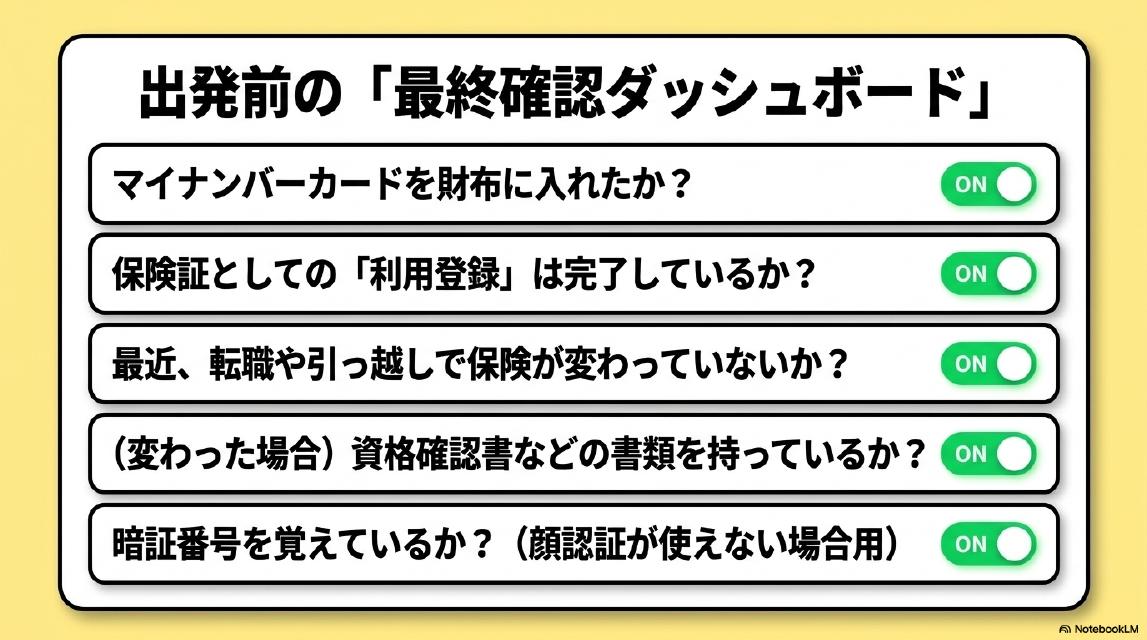 出発前の最終確認ダッシュボード。マイナンバーカードを財布に入れたか？保険証としての利用登録は完了しているか？最近、転職や引っ越しで保険が変わっていないか？（変わった場合）資格確認書などの書類を持っているか？暗証番号を覚えているか？（顔認証が使えない場合用）すべてONの状態で出発しましょう。