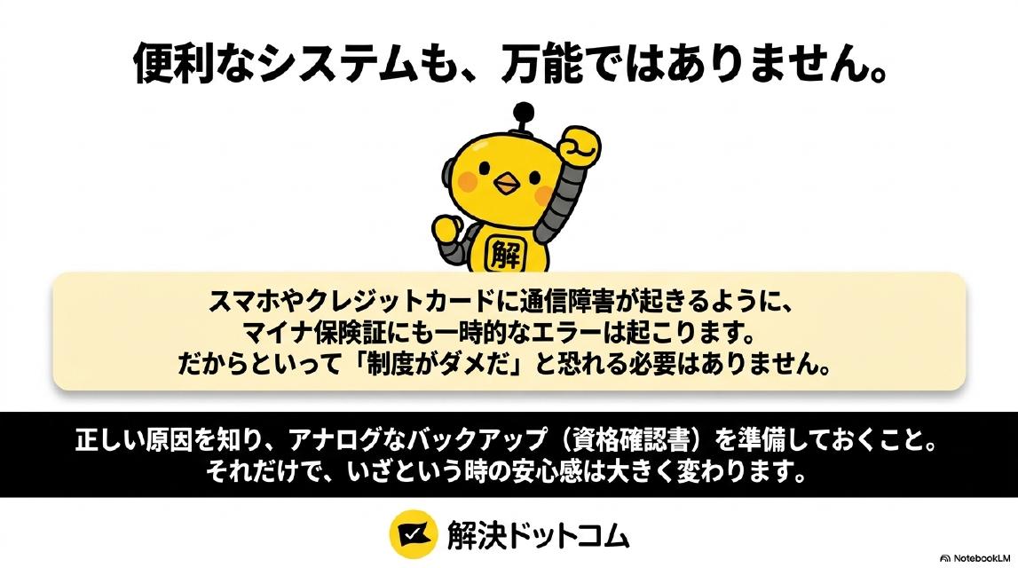 便利なシステムも、万能ではありません。スマホやクレジットカードに通信障害が起きるように、マイナ保険証にも一時的なエラーは起こります。だからといって『制度がダメだ』と恐れる必要はありません。正しい原因を知り、アナログなバックアップ（資格確認書）を準備しておくこと。それだけで、いざという時の安心感は大きく変わります。解決ドットコムのロゴが表示されたまとめスライド。