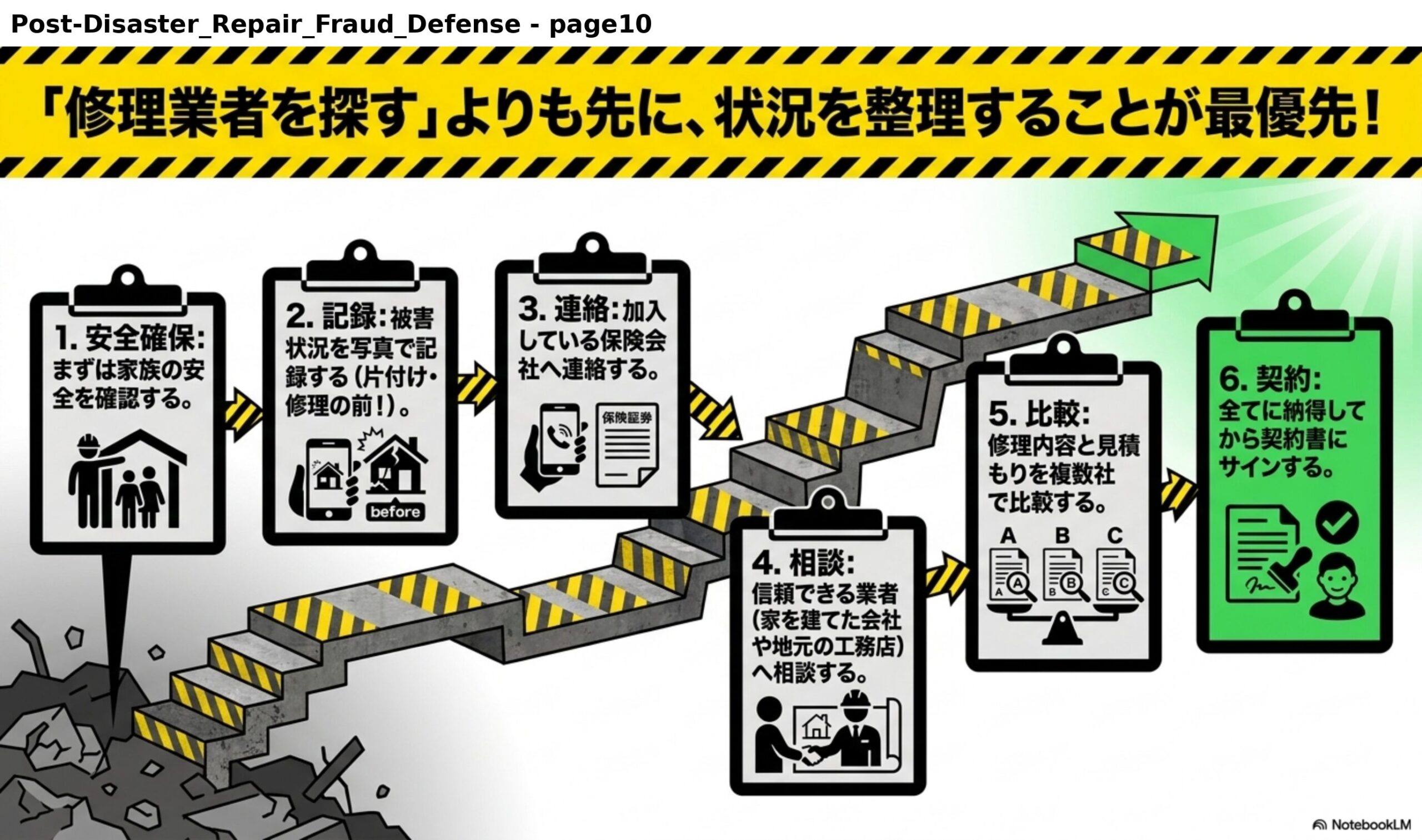 「修理業者を探す」よりも先に、状況を整理することが最優先！1.安全確保：まずは家族の安全を確認する。2.記録：被害状況を写真で記録する（片付け・修理の前！）。3.連絡：加入している保険会社へ連絡する。4.相談：信頼できる業者（家を建てた会社や地元の工務店）へ相談する。5.比較：修理内容と見積もりを複数社で比較する。6.契約：全てに納得してから契約書にサインする。