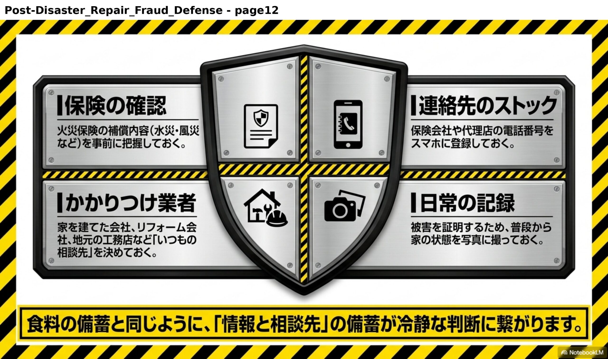 災害が起きる前に準備できること。保険の確認：火災保険の補償内容（水災・風災など）を事前に把握しておく。連絡先のストック：保険会社や代理店の電話番号をスマホに登録しておく。かかりつけ業者：家を建てた会社、リフォーム会社、地元の工務店など「いつもの相談先」を決めておく。日常の記録：被害を証明するため、普段から家の状態を写真に撮っておく。食料の備蓄と同じように、「情報と相談先」の備蓄が冷静な判断に繋がります。