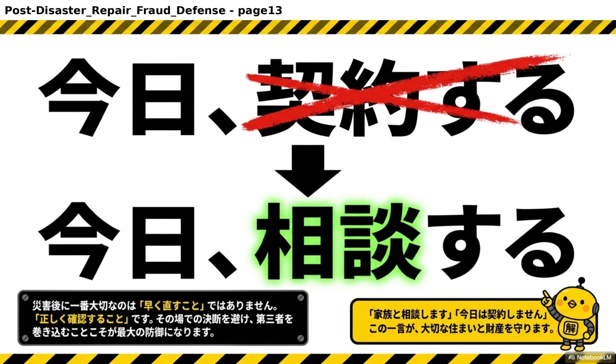 「今日、契約する」ではなく「今日、相談する」。災害後に一番大切なのは「早く直すこと」ではありません。「正しく確認すること」です。その場での決断を避け、第三者を巻き込むことこそが最大の防御になります。「家族と相談します」「今日は契約しません」この一言が、大切な住まいと財産を守ります。