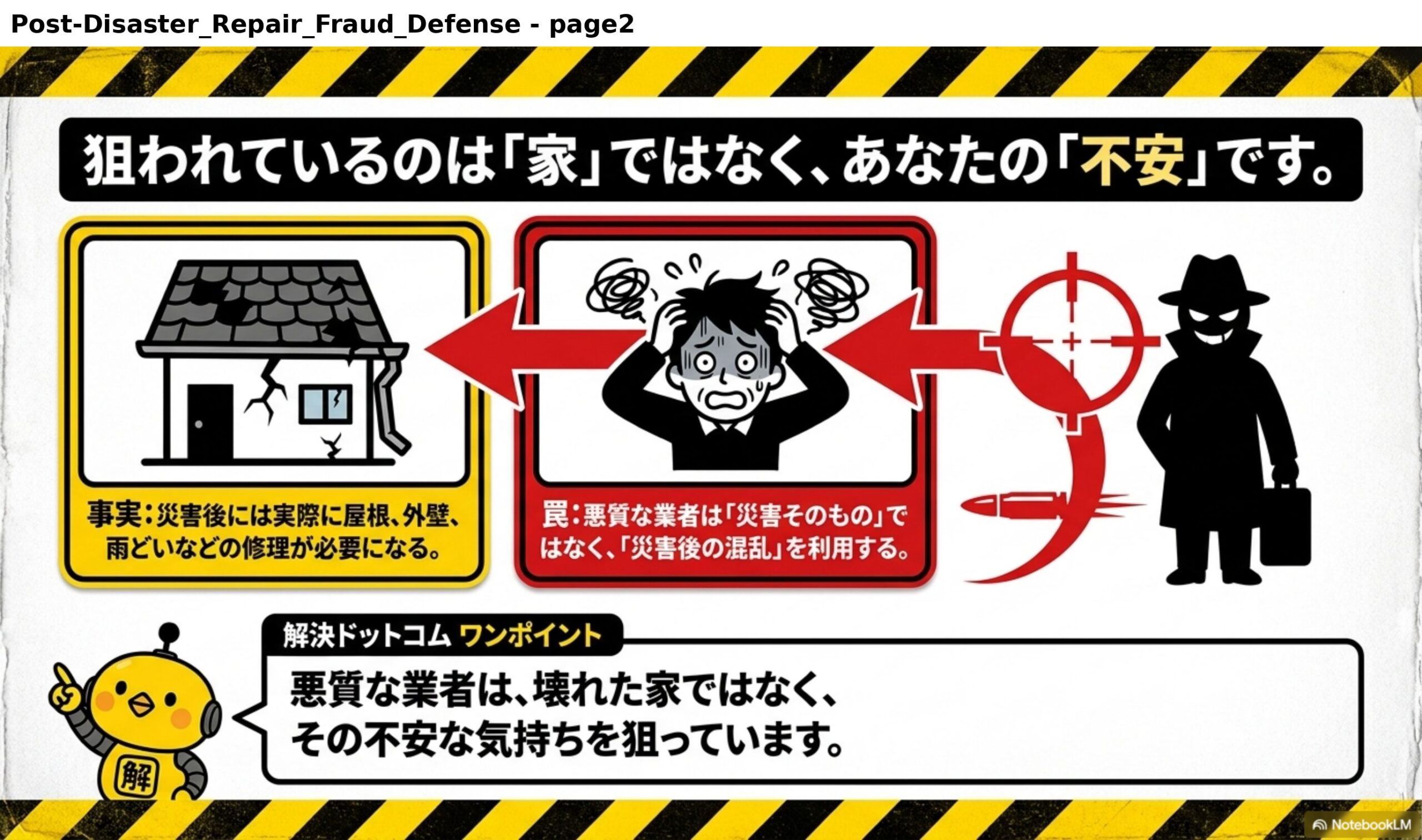 狙われているのは「家」ではなく、あなたの「不安」です。事実：災害後には実際に屋根、外壁、雨どいなどの修理が必要になる。罠：悪質な業者は「災害そのもの」ではなく、「災害後の混乱」を利用する。悪質な業者は、壊れた家ではなく、その不安な気持ちを狙っています。