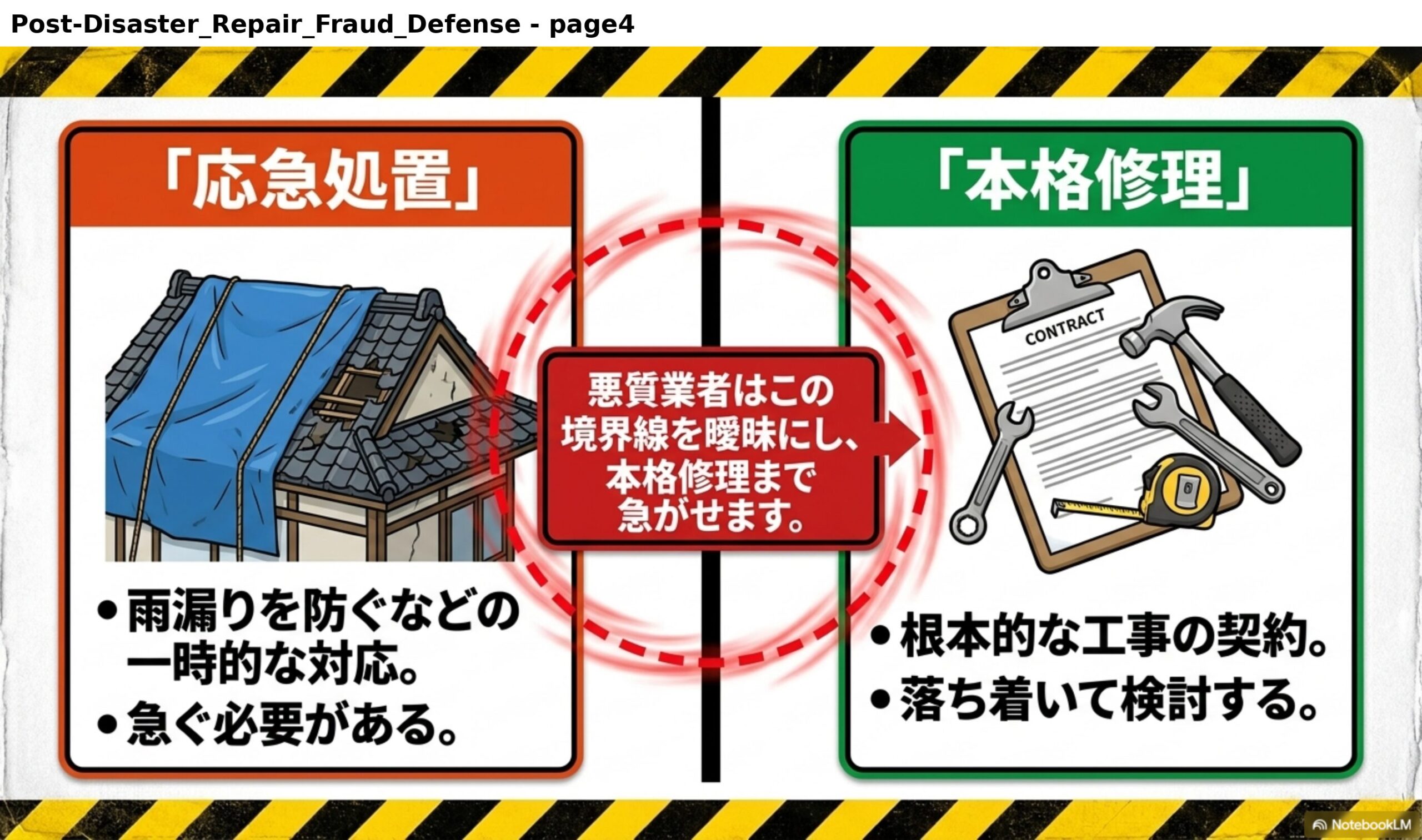 「応急処置」と「本格修理」は分けて考える。応急処置：雨漏りを防ぐなどの一時的な対応。急ぐ必要がある。本格修理：根本的な工事の契約。落ち着いて検討する。悪質業者はこの境界線を曖昧にし、本格修理まで急がせます。