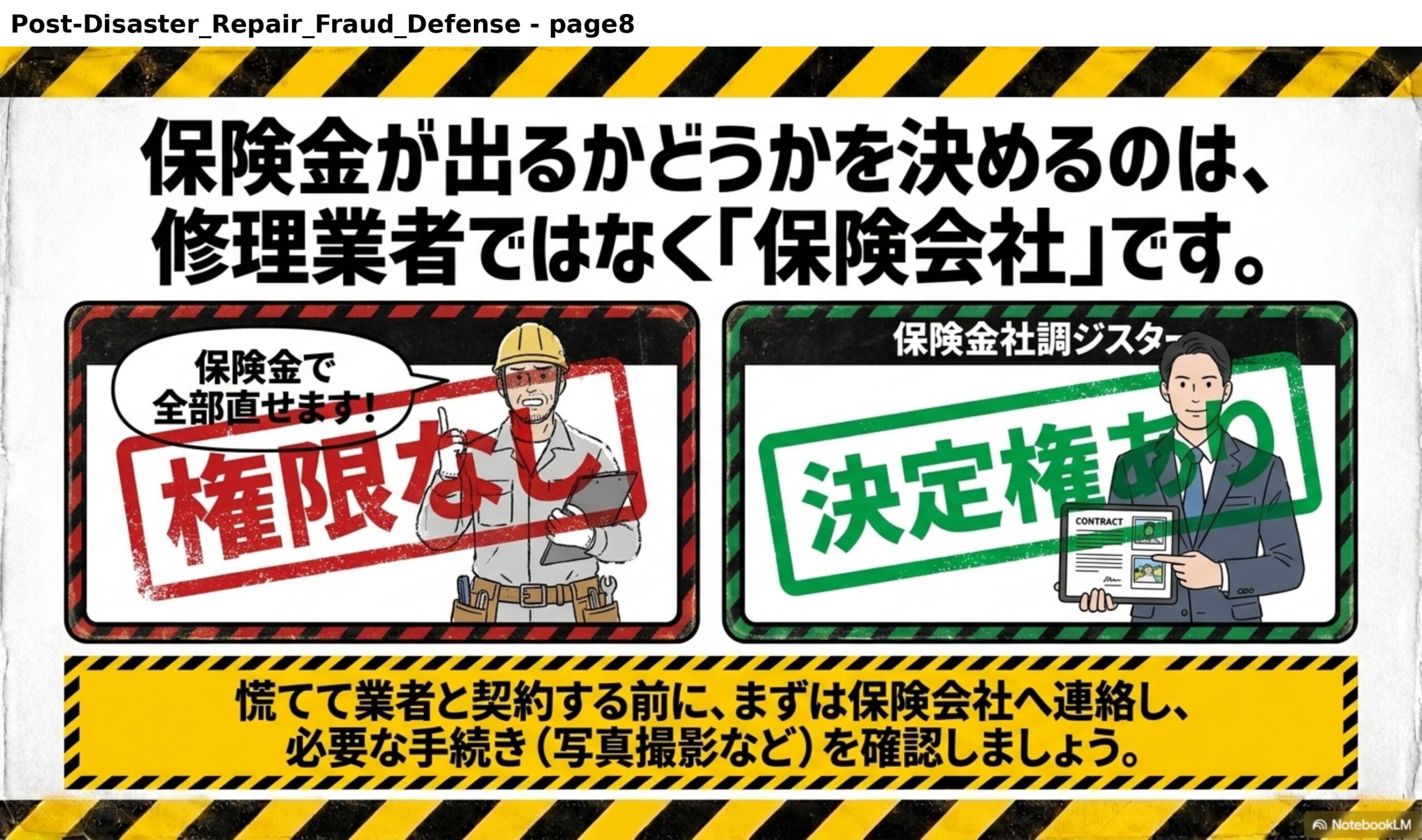 保険金が出るかどうかを決めるのは、修理業者ではなく「保険会社」です。修理業者「保険金で全部直せます！」→権限なし。保険会社「決定権あり」。慌てて業者と契約する前に、まずは保険会社へ連絡し、必要な手続き（写真撮影など）を確認しましょう。
