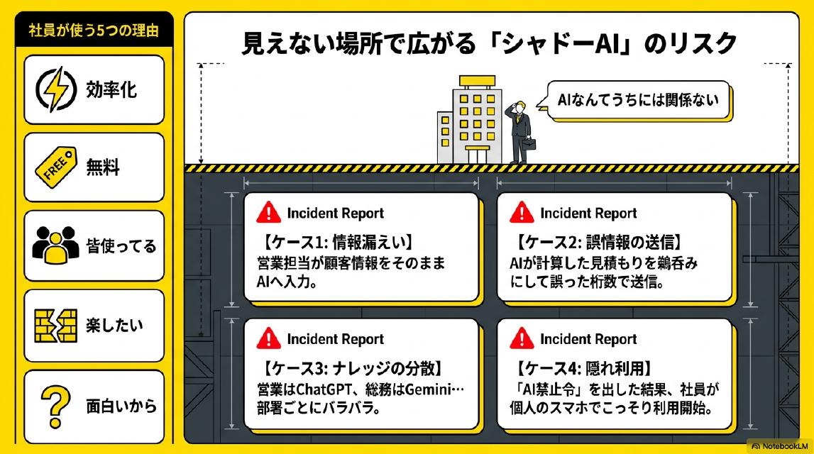 社員が使う5つの理由：効率化、無料、皆使ってる、楽したい、面白いから。見えない場所で広がる『シャドーAI』のリスク。Incident Report ケース1情報漏えい：営業担当が顧客情報をそのままAIへ入力。ケース2誤情報の送信：AIが計算した見積もりを鵜呑みにして誤った桁数で送信。ケース3ナレッジの分散：営業はChatGPT総務はGeminiと部署ごとにバラバラ。ケース4隠れ利用：AI禁止令を出した結果、社員が個人のスマホでこっそり利用開始。