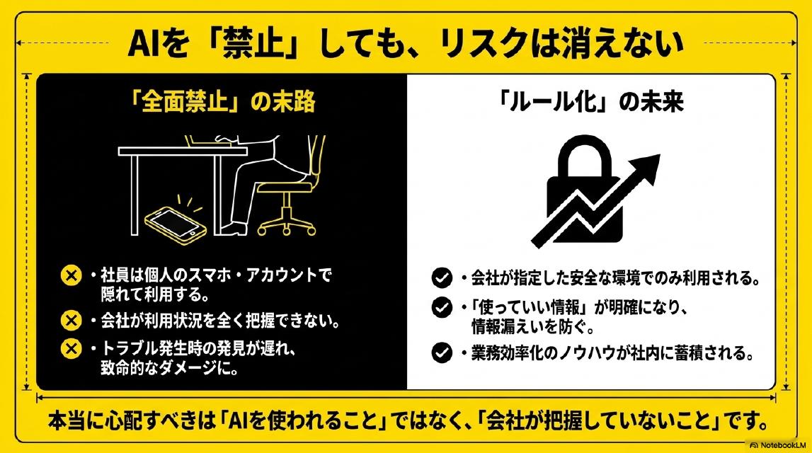 AIを『禁止』しても、リスクは消えない。『全面禁止』の末路：社員は個人のスマホ・アカウントで隠れて利用する、会社が利用状況を全く把握できない、トラブル発生時の発見が遅れ致命的なダメージに。『ルール化』の未来：会社が指定した安全な環境でのみ利用される、使っていい情報が明確になり情報漏えいを防ぐ、業務効率化のノウハウが社内に蓄積される。本当に心配すべきはAIを使われることではなく、会社が把握していないことです。