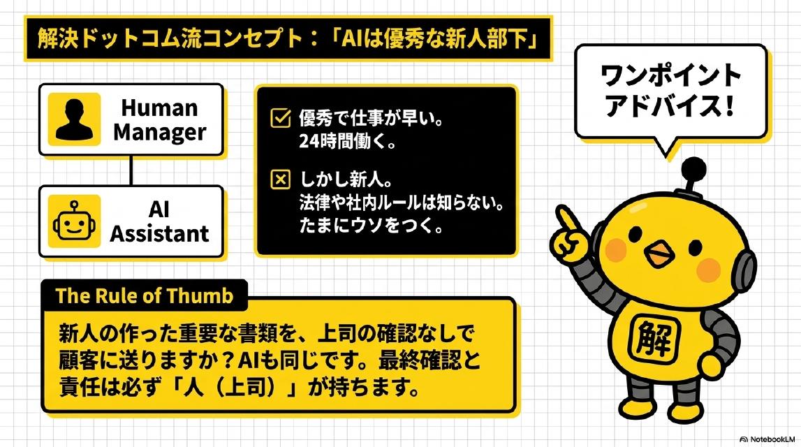 解決ドットコム流コンセプト：AIは優秀な新人部下。Human Manager - AI Assistant。優秀で仕事が早い、24時間働く。しかし新人、法律や社内ルールは知らない、たまにウソをつく。The Rule of Thumb：新人の作った重要な書類を上司の確認なしで顧客に送りますか？AIも同じです。最終確認と責任は必ず人（上司）が持ちます。