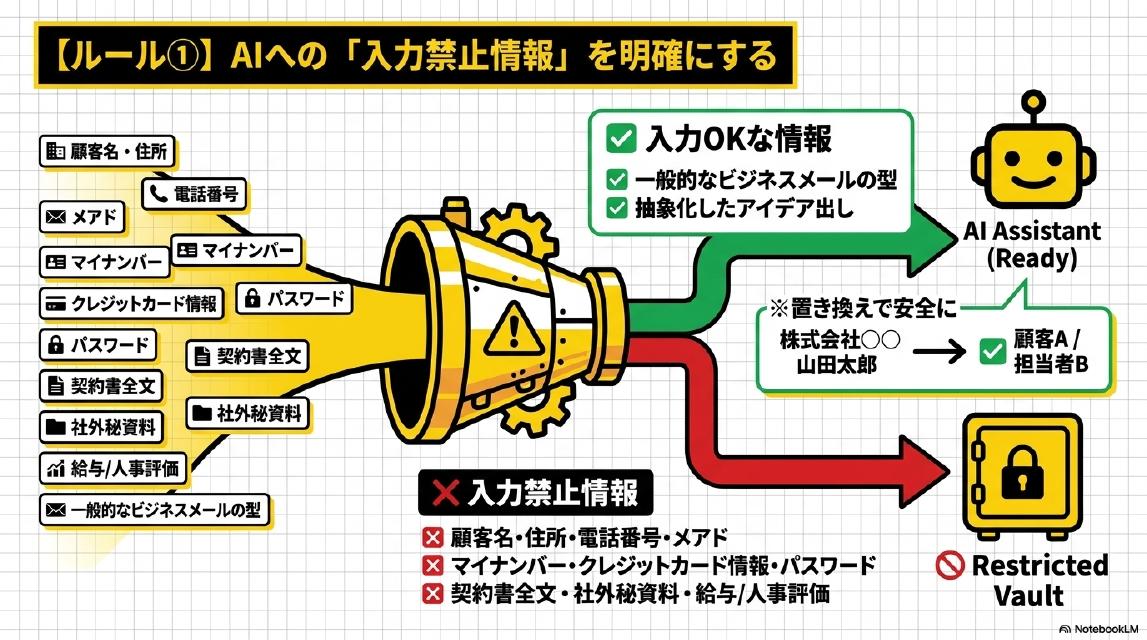 ルール①：AIへの入力禁止情報を明確にする。入力OKな情報：一般的なビジネスメールの型、抽象化したアイデア出し。入力禁止情報：顧客名・住所・電話番号・メアド、マイナンバー・クレジットカード情報・パスワード、契約書全文・社外秘資料・給与/人事評価。置き換えで安全に：株式会社○○→顧客A、山田太郎→担当者B。