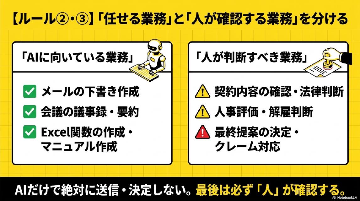 ルール②・③：任せる業務と人が確認する業務を分ける。AIに向いている業務：メールの下書き作成、会議の議事録・要約、Excel関数の作成・マニュアル作成。人が判断すべき業務：契約内容の確認・法律判断、人事評価・解雇判断、最終提案の決定・クレーム対応。AIだけで絶対に送信・決定しない。最後は必ず人が確認する。