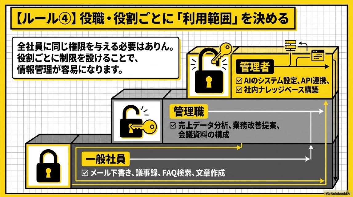 ルール④：役職・役割ごとに利用範囲を決める。全社員に同じ権限を与える必要はない。役割ごとに制限を設けることで情報管理が容易になる。管理者：AIのシステム設定、API連携、社内ナレッジベース構築。管理職：売上データ分析、業務改善提案、会議資料の構成。一般社員：メール下書き、議事録、FAQ検索、文章作成。