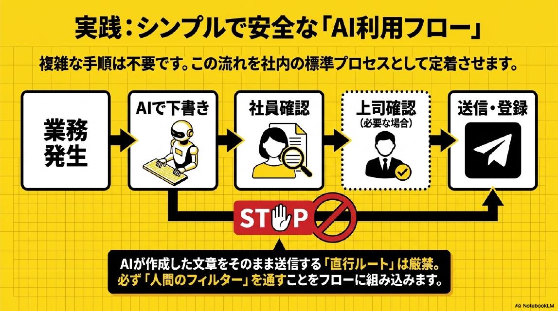 実践：シンプルで安全なAI利用フロー。複雑な手順は不要です。この流れを社内の標準プロセスとして定着させます。業務発生→AIで下書き→社員確認→上司確認（必要な場合）→送信・登録。AIが作成した文章をそのまま送信する直行ルートは厳禁。必ず人間のフィルターを通すことをフローに組み込みます。