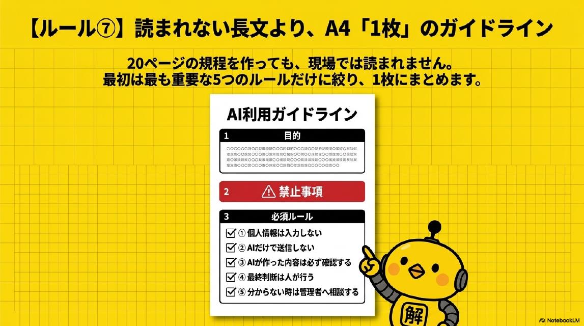 ルール⑦：読まれない長文より、A4「1枚」のガイドライン。20ページの規程を作っても、現場では読まれません。最初は最も重要な5つのルールだけに絞り、1枚にまとめます。AI利用ガイドライン：1目的、2禁止事項、3必須ルール（個人情報は入力しない、AIだけで送信しない、AIが作った内容は必ず確認する、最終判断は人が行う、分からない時は管理者へ相談する）。