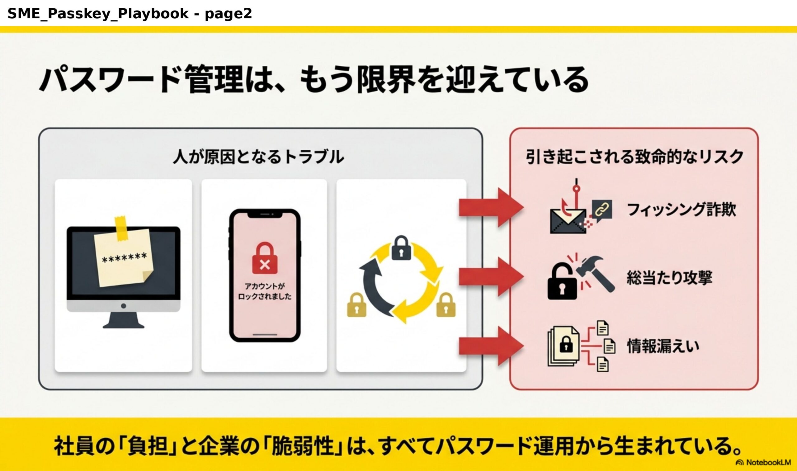 パスワード管理は、もう限界を迎えている。人が原因となるトラブル：付箋に書く、アカウントがロックされた、パスワードの使い回し（定期変更のループ）。引き起こされる致命的なリスク：フィッシング詐欺、総当たり攻撃、情報漏えい。社員の「負担」と企業の「脆弱性」は、すべてパスワード運用から生まれている。