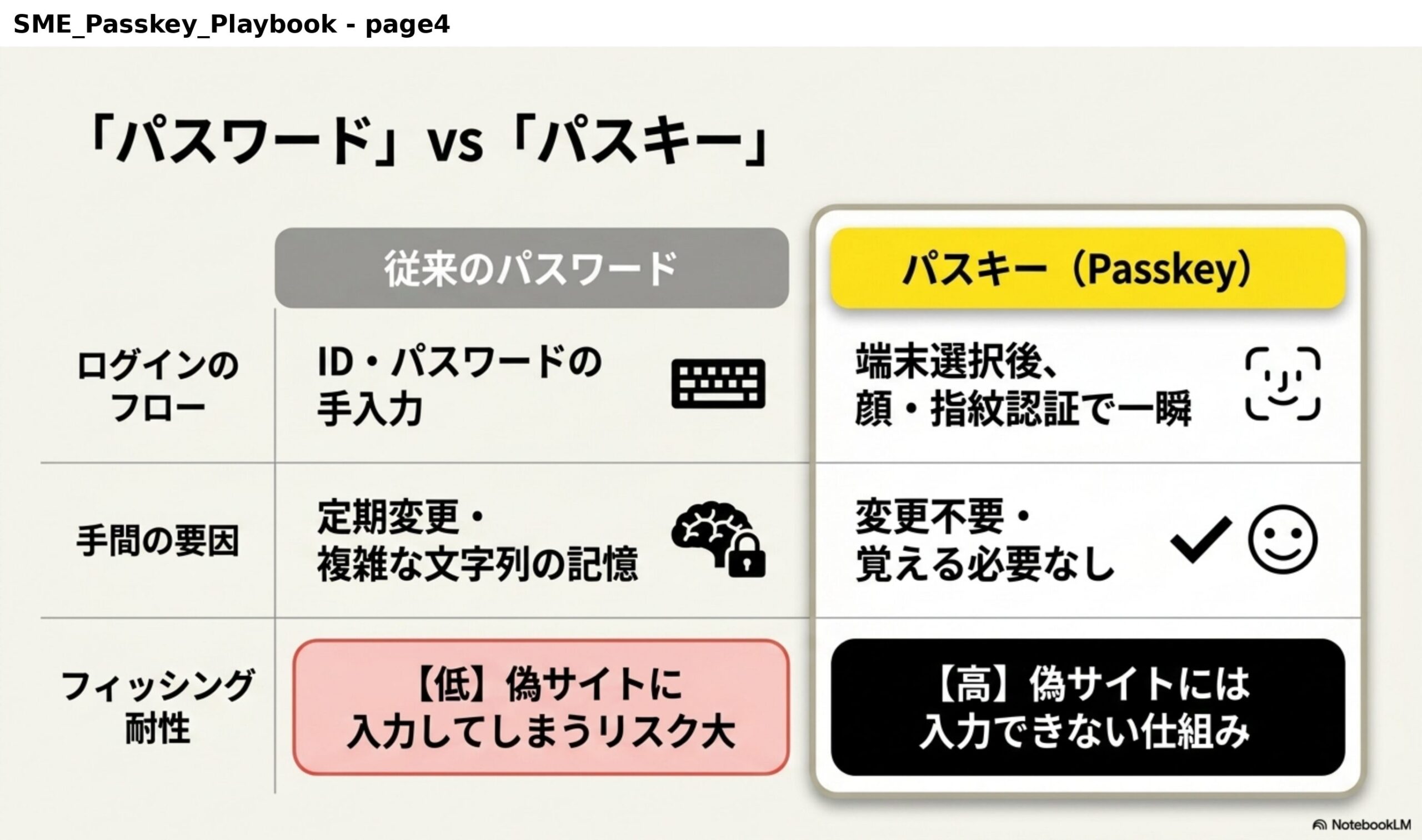 「パスワード」vs「パスキー」。ログインのフロー：従来のパスワードはID・パスワードの手入力、パスキーは端末選択後、顔・指紋認証で一瞬。手間の要因：従来のパスワードは定期変更・複雑な文字列の記憶、パスキーは変更不要・覚える必要なし。フィッシング耐性：従来のパスワードは【低】偽サイトに入力してしまうリスク大、パスキーは【高】偽サイトには入力できない仕組み。
