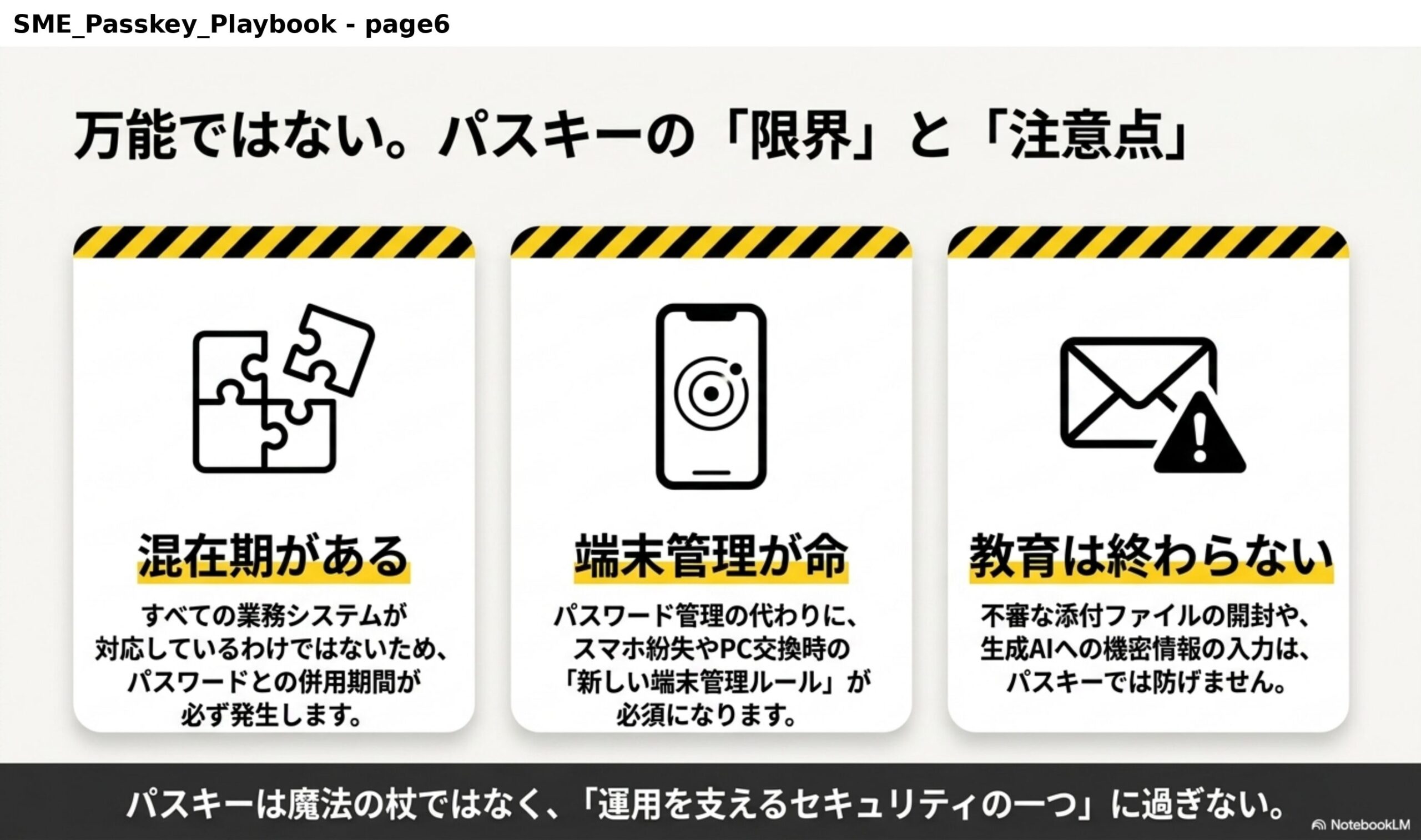 万能ではない。パスキーの「限界」と「注意点」。混在期がある：すべての業務システムが対応しているわけではないため、パスワードとの併用期間が必ず発生します。端末管理が命：パスワード管理の代わりに、スマホ紛失やPC交換時の「新しい端末管理ルール」が必須になります。教育は終わらない：不審な添付ファイルの開封や、生成AIへの機密情報の入力は、パスキーでは防げません。パスキーは魔法の杖ではなく、「運用を支えるセキュリティの一つ」に過ぎない。