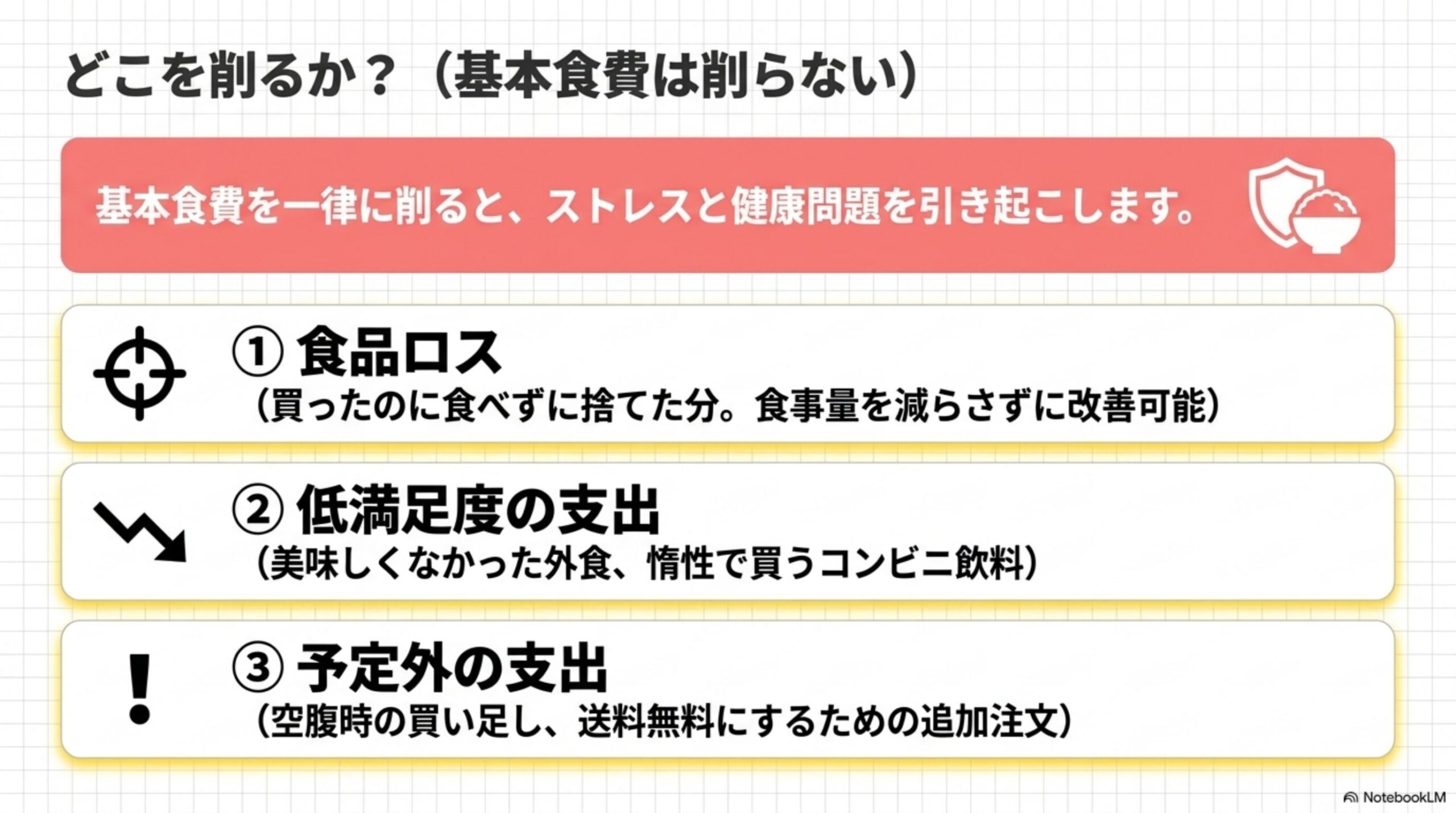 どこを削るか？（基本食費は削らない）を示す図解。基本食費を一律に削ると、ストレスと健康問題を引き起こしますという警告と、①食品ロス(買ったのに食べずに捨てた分。食事量を減らさずに改善可能)②低満足度の支出(美味しくなかった外食、惰性で買うコンビニ飲料)③予定外の支出(空腹時の買い足し、送料無料にするための追加注文)という3つの改善候補を示す図解