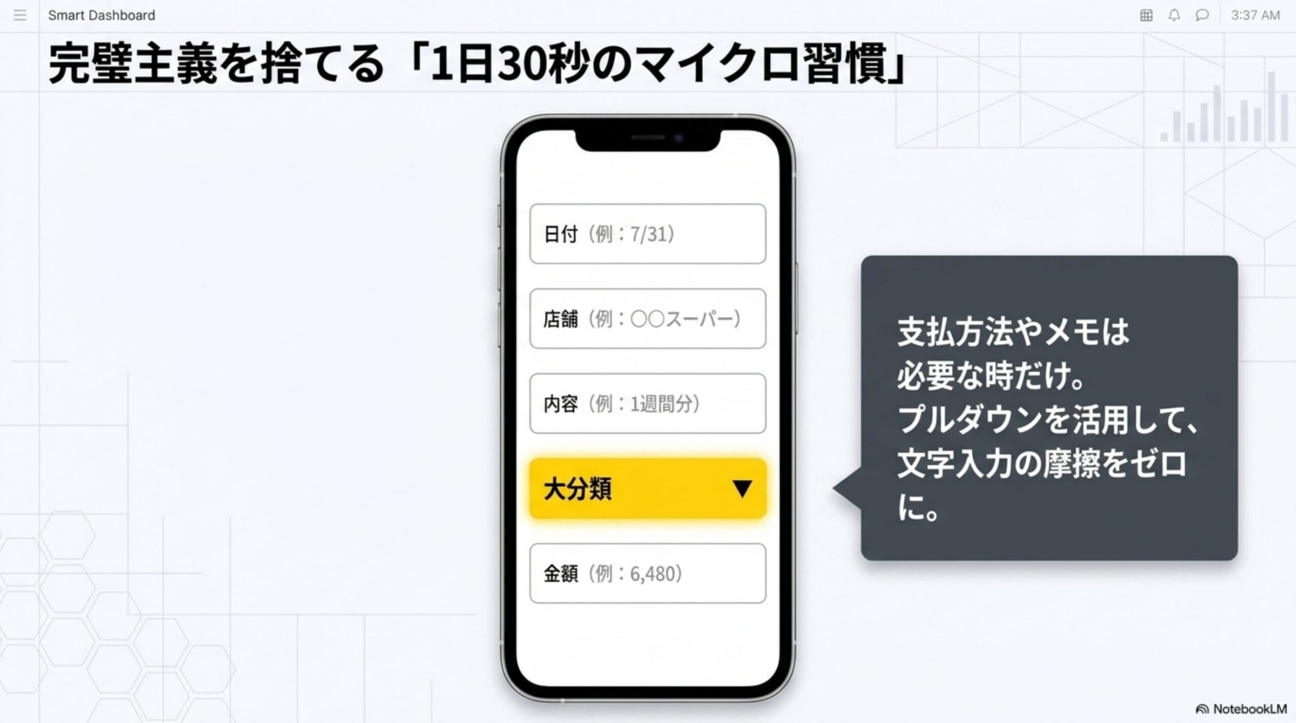 完璧主義を捨てる「1日30秒のマイクロ習慣」を示すスマートフォンの入力フォームのモックアップ図解。日付(例:7/31)、店舗(例:○○スーパー)、内容(例:1週間分)、大分類(プルダウン)、金額(例:6,480)の5項目だけの入力画面と、支払方法やメモは必要な時だけ、プルダウンを活用して文字入力の摩擦をゼロにという説明吹き出し