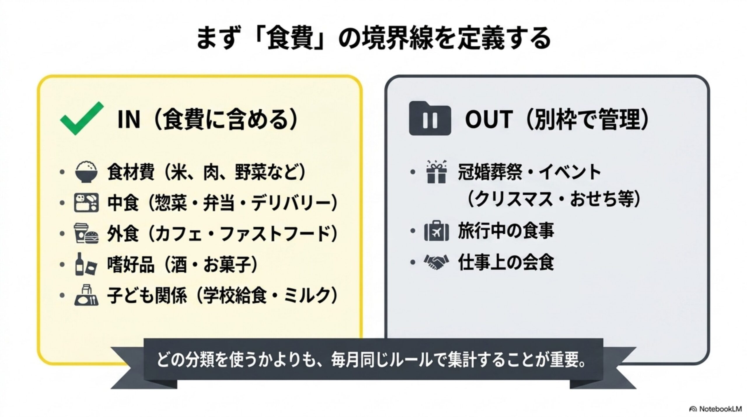 まず「食費」の境界線を定義する図解。IN(食費に含める)として食材費・中食(惣菜弁当デリバリー)・外食(カフェファストフード)・嗜好品(酒お菓子)・子ども関係(学校給食ミルク)、OUT(別枠で管理)として冠婚葬祭イベント・旅行中の食事・仕事上の会食を分類し、どの分類を使うかよりも毎月同じルールで集計することが重要と結論づける図解