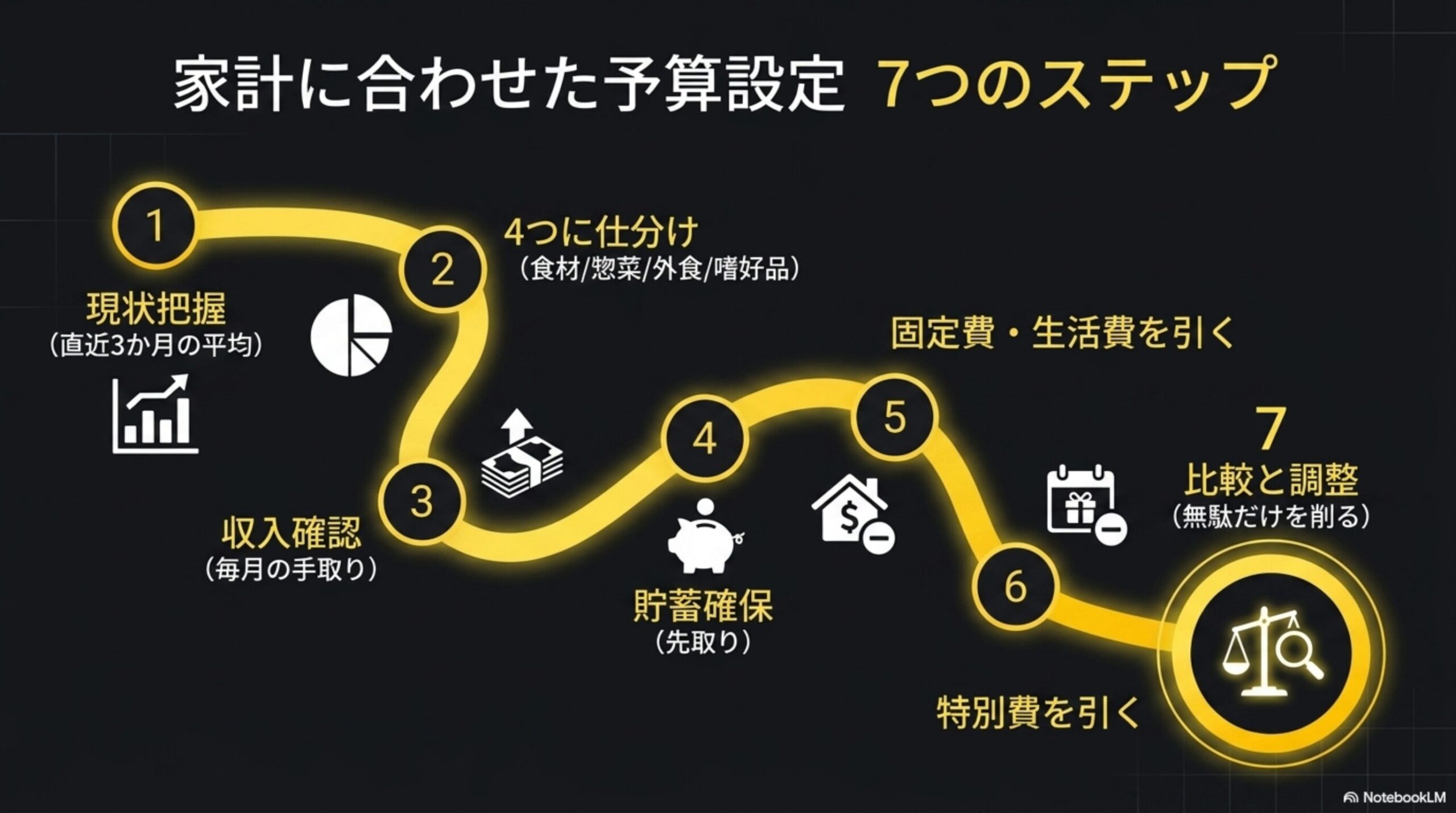 家計に合わせた予算設定7つのステップの図解。①現状把握(直近3か月の平均)②4つに仕分け(食材/惣菜/外食/嗜好品)③収入確認(毎月の手取り)④貯蓄確保(先取り)⑤固定費・生活費を引く⑥特別費を引く⑦比較と調整(無駄だけを削る)という流れを曲線でつなぐ図解