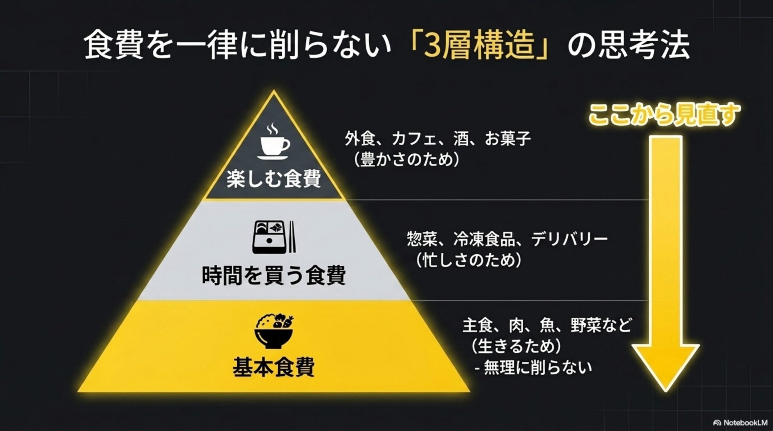 食費を一律に削らない「3層構造」の思考法を示すピラミッド図。頂上に楽しむ食費(外食・カフェ・酒・お菓子)、中段に時間を買う食費(惣菜・冷凍食品・デリバリー)、土台に基本食費(主食・肉・魚・野菜など、無理に削らない)を配置し、見直しは上から下へ行うことを矢印で示す図解