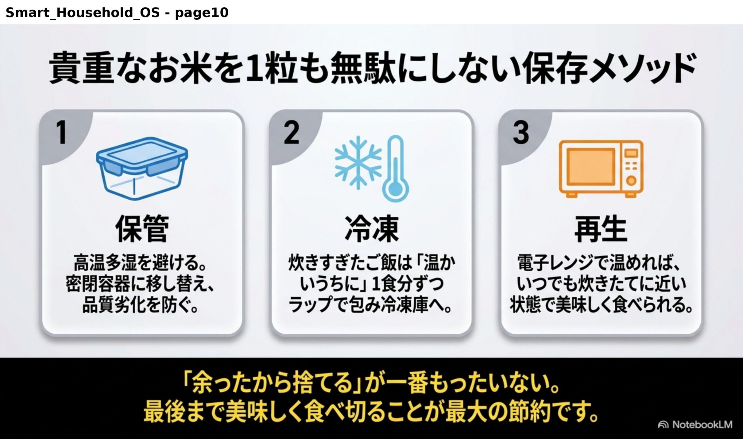 貴重なお米を1粒も無駄にしない保存メソッド。1保管：高温多湿を避ける。密閉容器に移し替え、品質劣化を防ぐ。2冷凍：炊きすぎたご飯は温かいうちに1食分ずつラップで包み冷凍庫へ。3再生：電子レンジで温めれば、いつでも炊きたてに近い状態で美味しく食べられる。余ったから捨てるが一番もったいない。