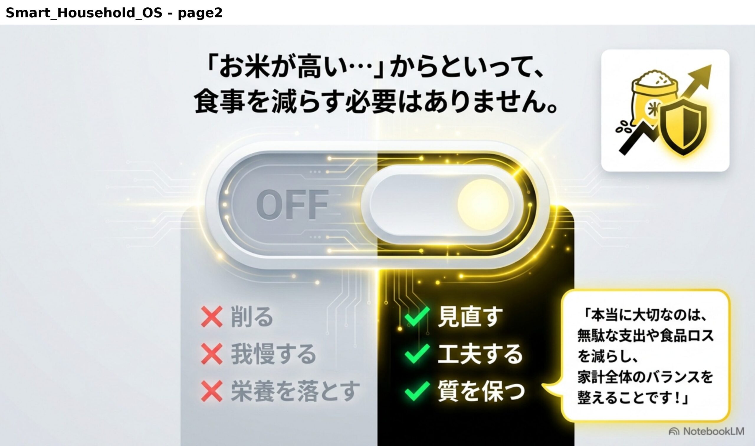 お米が高いからといって、食事を減らす必要はありません。OFFにすべきこと：削る・我慢する・栄養を落とす。ONにすべきこと：見直す・工夫する・質を保つ。本当に大切なのは無駄な支出や食品ロスを減らし、家計全体のバランスを整えること。