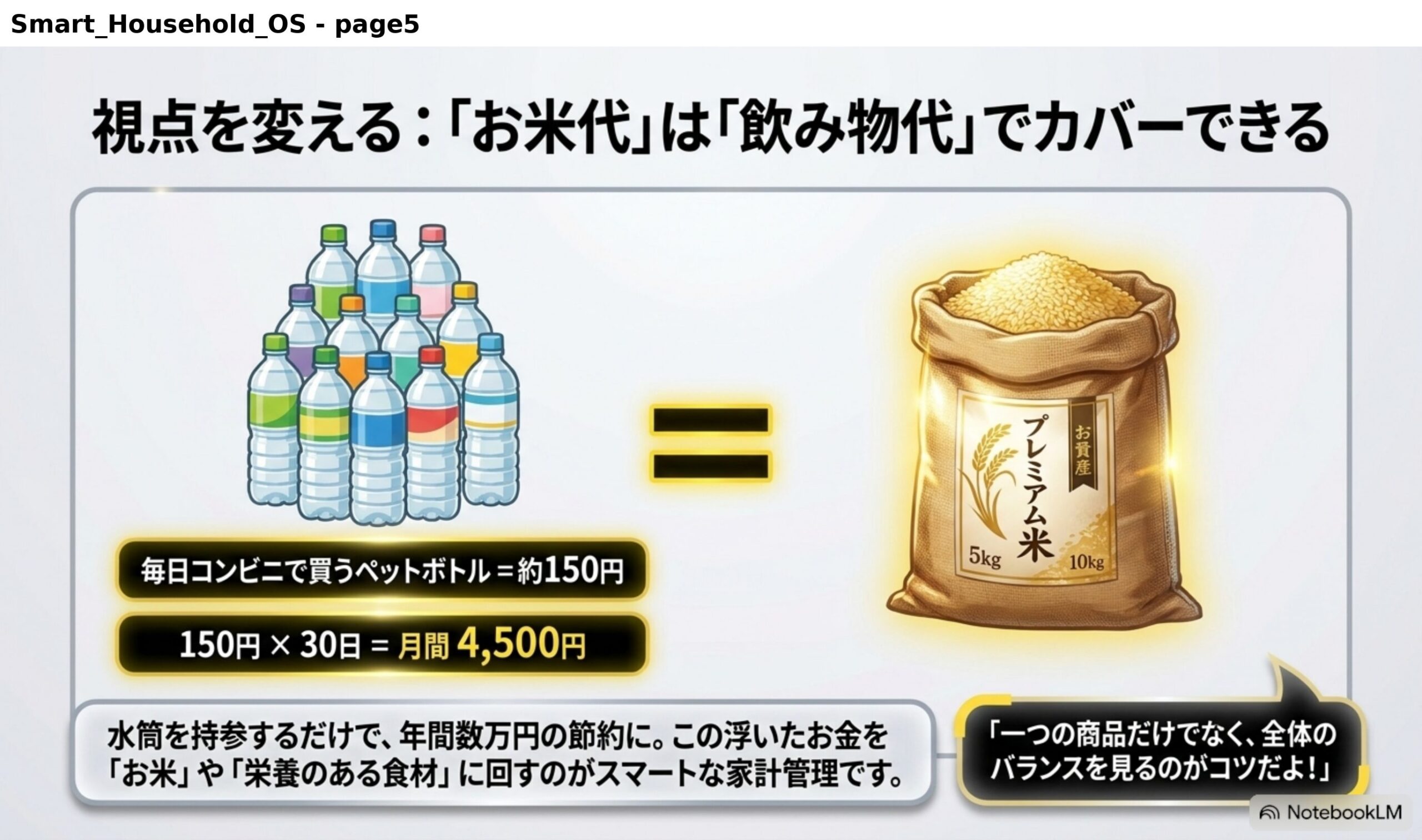 視点を変える、お米代は飲み物代でカバーできる。毎日コンビニで買うペットボトル＝約150円。150円×30日＝月間4,500円。水筒を持参するだけで、年間数万円の節約に。この浮いたお金をお米や栄養のある食材に回すのがスマートな家計管理。