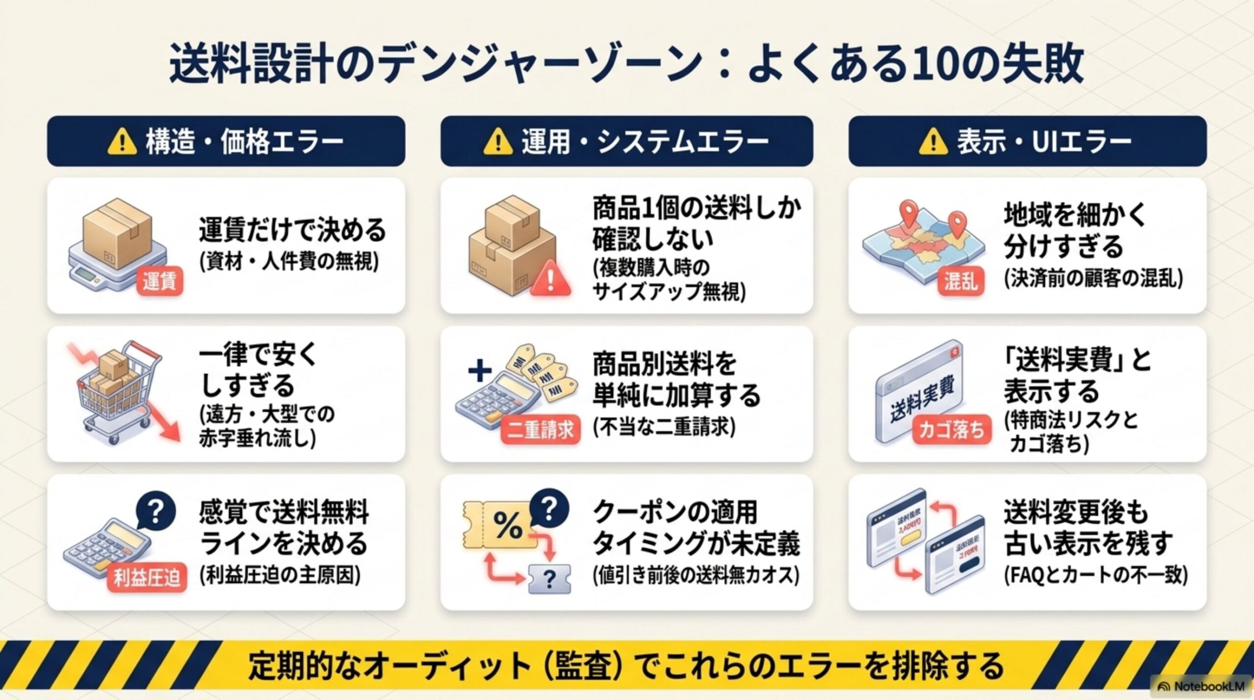 送料設計のデンジャーゾーン：よくある10の失敗。構造・価格エラー：運賃だけで決める(資材・人件費の無視)、一律で安くしすぎる(遠方・大型での赤字垂れ流し)、感覚で送料無料ラインを決める(利益圧迫の主原因)。運用・システムエラー：商品1個の送料しか確認しない(複数購入時のサイズアップ無視)、商品別送料を単純に加算する(不当な二重請求)、クーポンの適用タイミングが未定義(値引き前後の送料無カオス)。表示・UIエラー：地域を細かく分けすぎる(決済前の顧客の混乱)、「送料実費」と表示する(特商法リスクとカゴ落ち)、送料変更後も古い表示を残す(FAQとカートの不一致)。定期的なオーディット(監査)でこれらのエラーを排除する