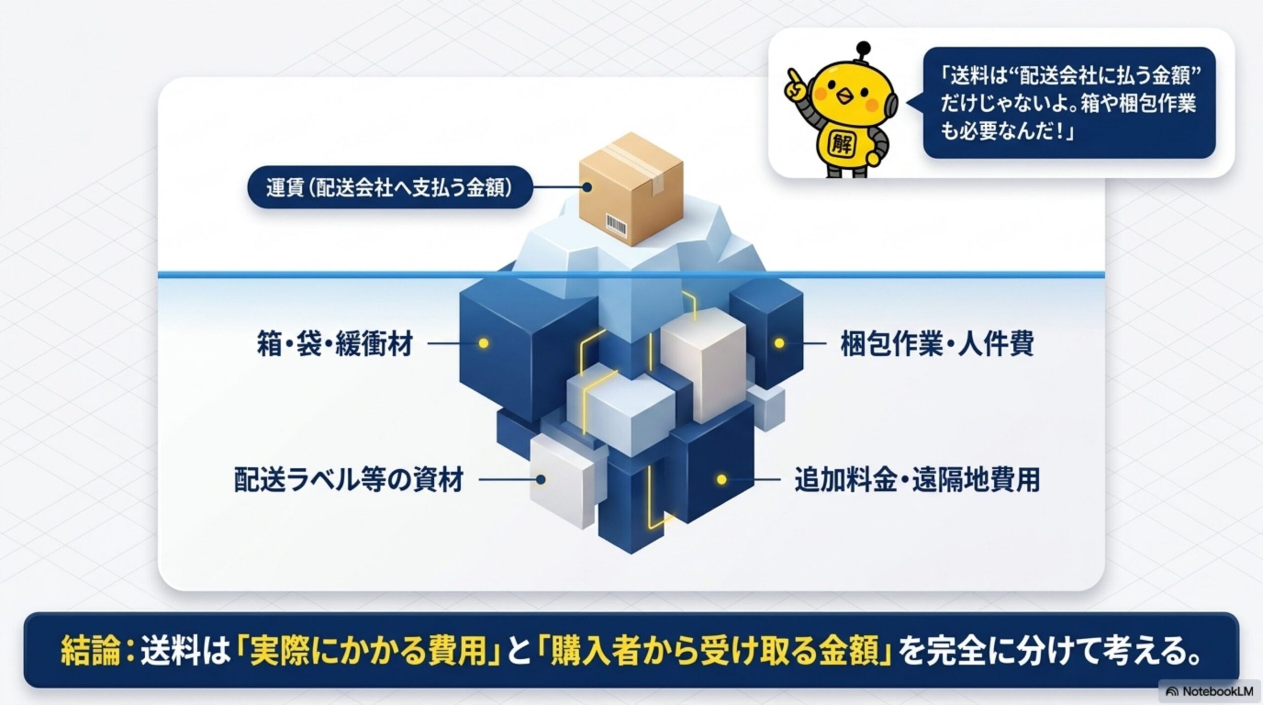 送料は「配送会社に払う金額」だけじゃない。氷山の絵：見える部分は運賃(配送会社へ支払う金額)、海面下には箱・袋・緩衝材、梱包作業・人件費、配送ラベル等の資材、追加料金・遠隔地費用が隠れている。結論：送料は「実際にかかる費用」と「購入者から受け取る金額」を完全に分けて考える