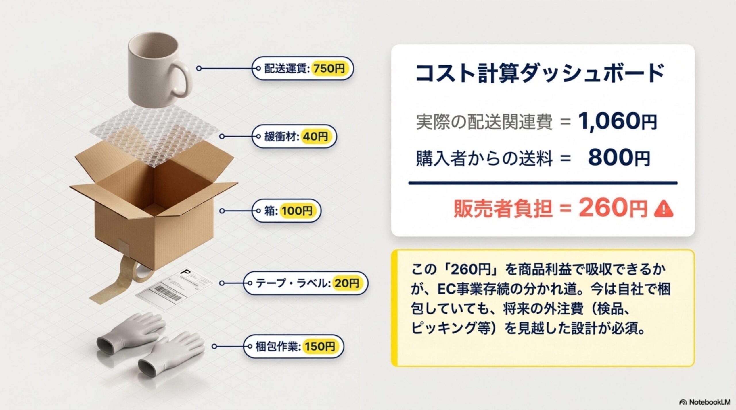 コスト計算ダッシュボード。マグカップの例：配送運賃750円、緩衝材40円、箱100円、テープ・ラベル20円、梱包作業150円→実際の配送関連費1,060円。購入者からの送料800円。販売者負担260円。この260円を商品利益で吸収できるかがEC事業存続の分かれ道。今は自社で梱包していても将来の外注費（検品、ピッキング等）を見越した設計が必須