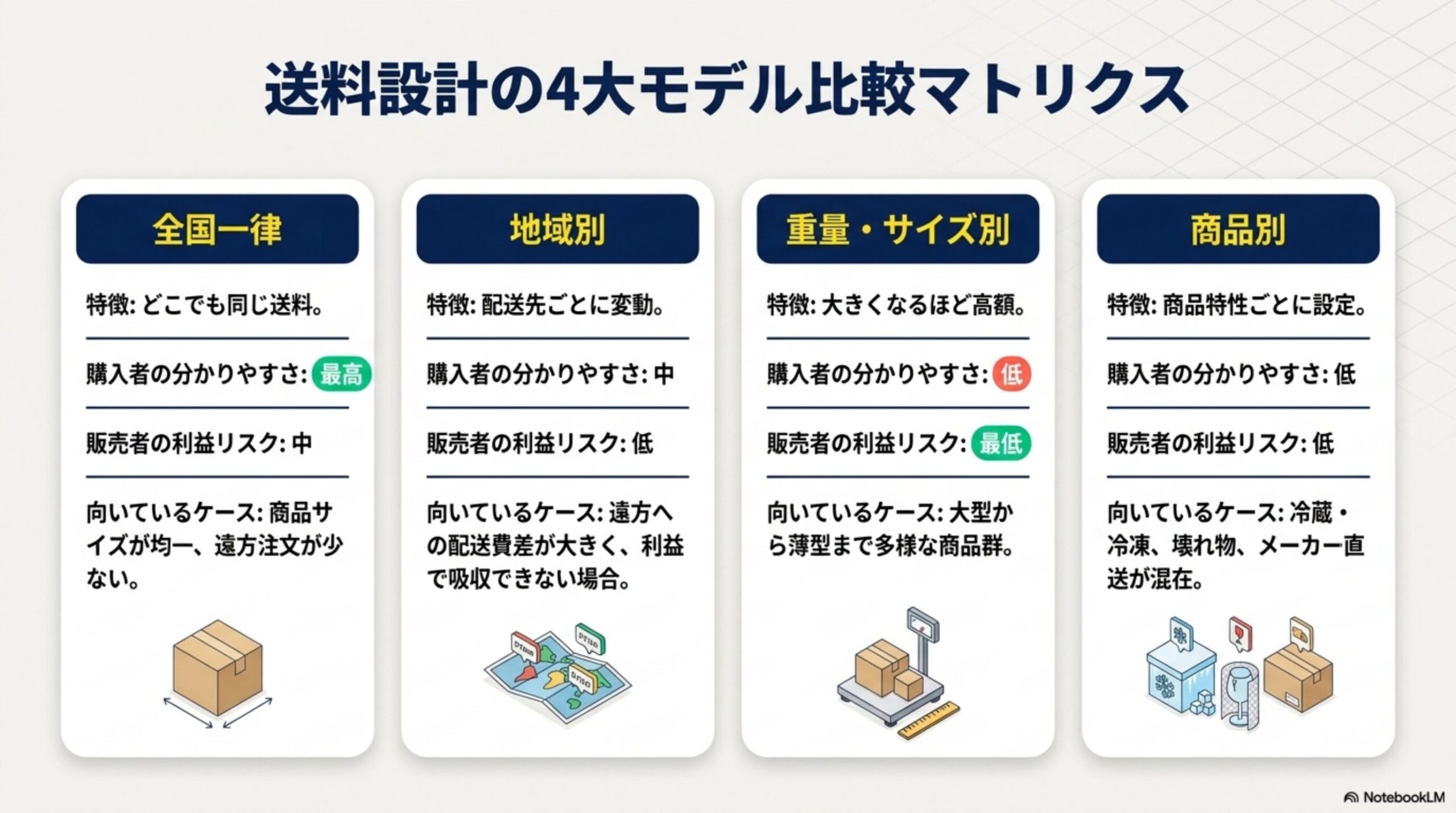 送料設計の4大モデル比較マトリクス。全国一律：どこでも同じ送料、購入者の分かりやすさ最高、販売者の利益リスク中、向いているケースは商品サイズが均一・遠方注文が少ない。地域別：配送先ごとに変動、分かりやすさ中、利益リスク低、向いているケースは遠方への配送費差が大きく利益で吸収できない場合。重量・サイズ別：大きくなるほど高額、分かりやすさ低、利益リスク最低、向いているケースは大型から薄型まで多様な商品群。商品別：商品特性ごとに設定、分かりやすさ低、利益リスク低、向いているケースは冷蔵・冷凍、壊れ物、メーカー直送が混在