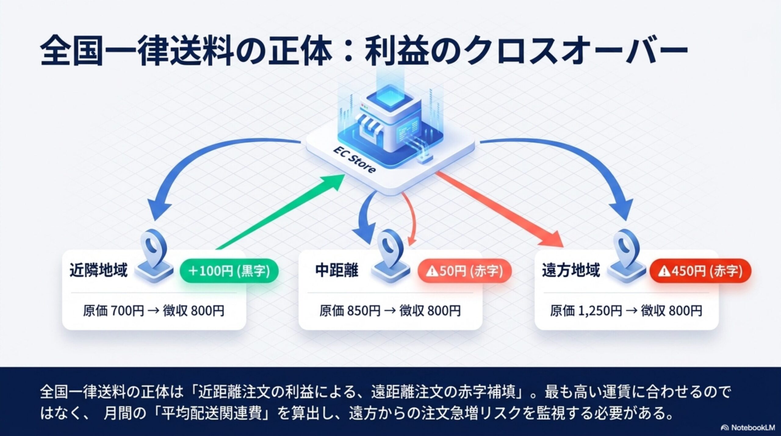 全国一律送料の正体：利益のクロスオーバー。近隣地域：原価700円→徴収800円、+100円黒字。中距離：原価850円→徴収800円、▲50円赤字。遠方地域：原価1,250円→徴収800円、▲450円赤字。全国一律送料の正体は「近距離注文の利益による、遠距離注文の赤字補填」。最も高い運賃に合わせるのではなく、月間の「平均配送関連費」を算出し、遠方からの注文急増リスクを監視する必要がある