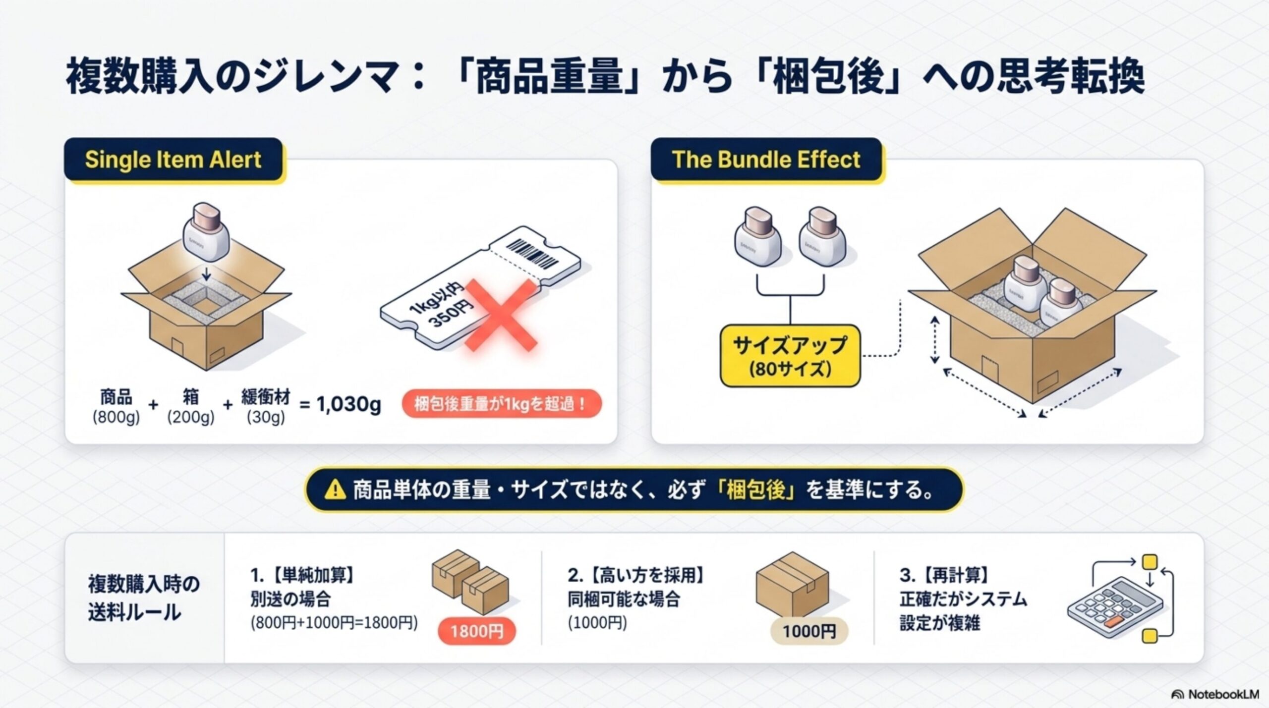 複数購入のジレンマ：「商品重量」から「梱包後」への思考転換。Single Item Alert：商品800g＋箱200g＋緩衝材30g＝1,030g、梱包後重量が1kgを超過！The Bundle Effect：商品2個をサイズアップ(80サイズ)して梱包。商品単体の重量・サイズではなく、必ず「梱包後」を基準にする。複数購入時の送料ルール：1.単純加算（別送の場合、800円+1000円=1800円）、2.高い方を採用（同梱可能な場合、1000円）、3.再計算（正確だがシステム設定が複雑）