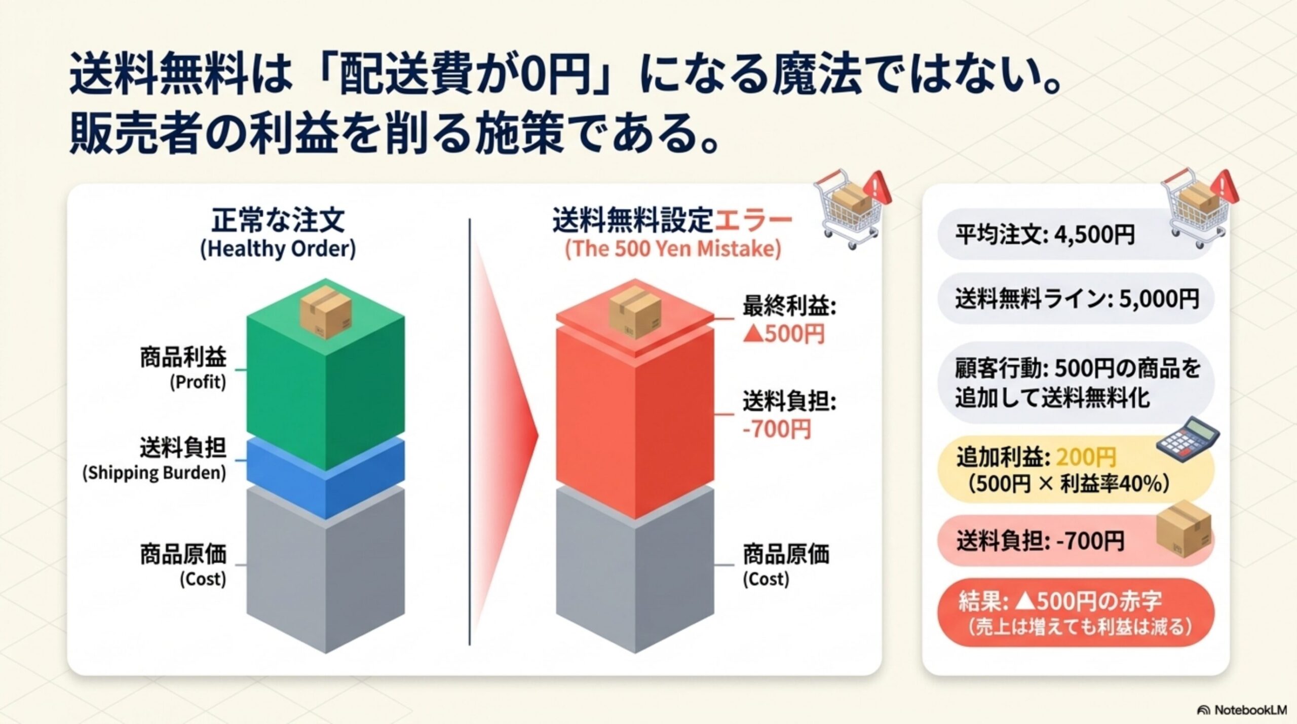 送料無料は「配送費が0円」になる魔法ではない。販売者の利益を削る施策である。正常な注文(Healthy Order)：商品利益(Profit)・送料負担(Shipping Burden)・商品原価(Cost)の積み上げ。送料無料設定エラー(The 500 Yen Mistake)：平均注文4,500円・送料無料ライン5,000円・顧客行動は500円の商品を追加して送料無料化・追加利益200円(500円×利益率40%)・送料負担-700円・結果は▲500円の赤字（売上は増えても利益は減る）