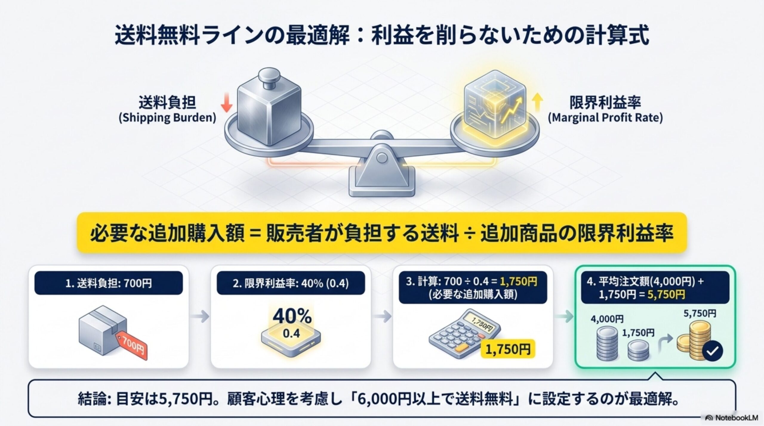 送料無料ラインの最適解：利益を削らないための計算式。天秤：送料負担(Shipping Burden)と限界利益率(Marginal Profit Rate)。必要な追加購入額＝販売者が負担する送料÷追加商品の限界利益率。1.送料負担700円→2.限界利益率40%(0.4)→3.計算700÷0.4=1,750円(必要な追加購入額)→4.平均注文額(4,000円)+1,750円=5,750円。結論：目安は5,750円、顧客心理を考慮し「6,000円以上で送料無料」に設定するのが最適解