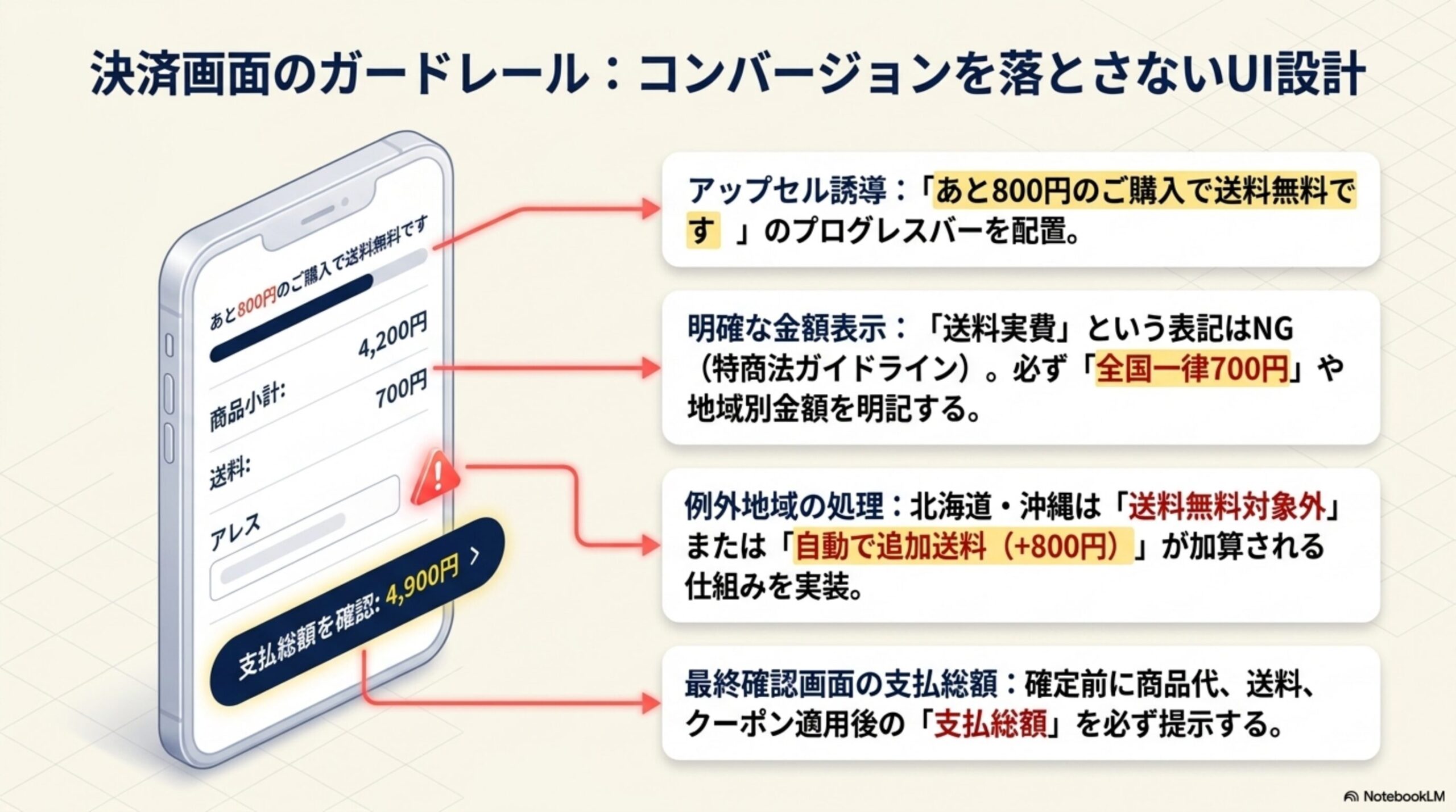 決済画面のガードレール：コンバージョンを落とさないUI設計。アップセル誘導：「あと800円のご購入で送料無料です」のプログレスバーを配置。明確な金額表示：「送料実費」という表記はNG（特商法ガイドライン）、必ず「全国一律700円」や地域別金額を明記する。例外地域の処理：北海道・沖縄は「送料無料対象外」または「自動で追加送料(+800円)」が加算される仕組みを実装。最終確認画面の支払総額：確定前に商品代、送料、クーポン適用後の支払総額を必ず提示する