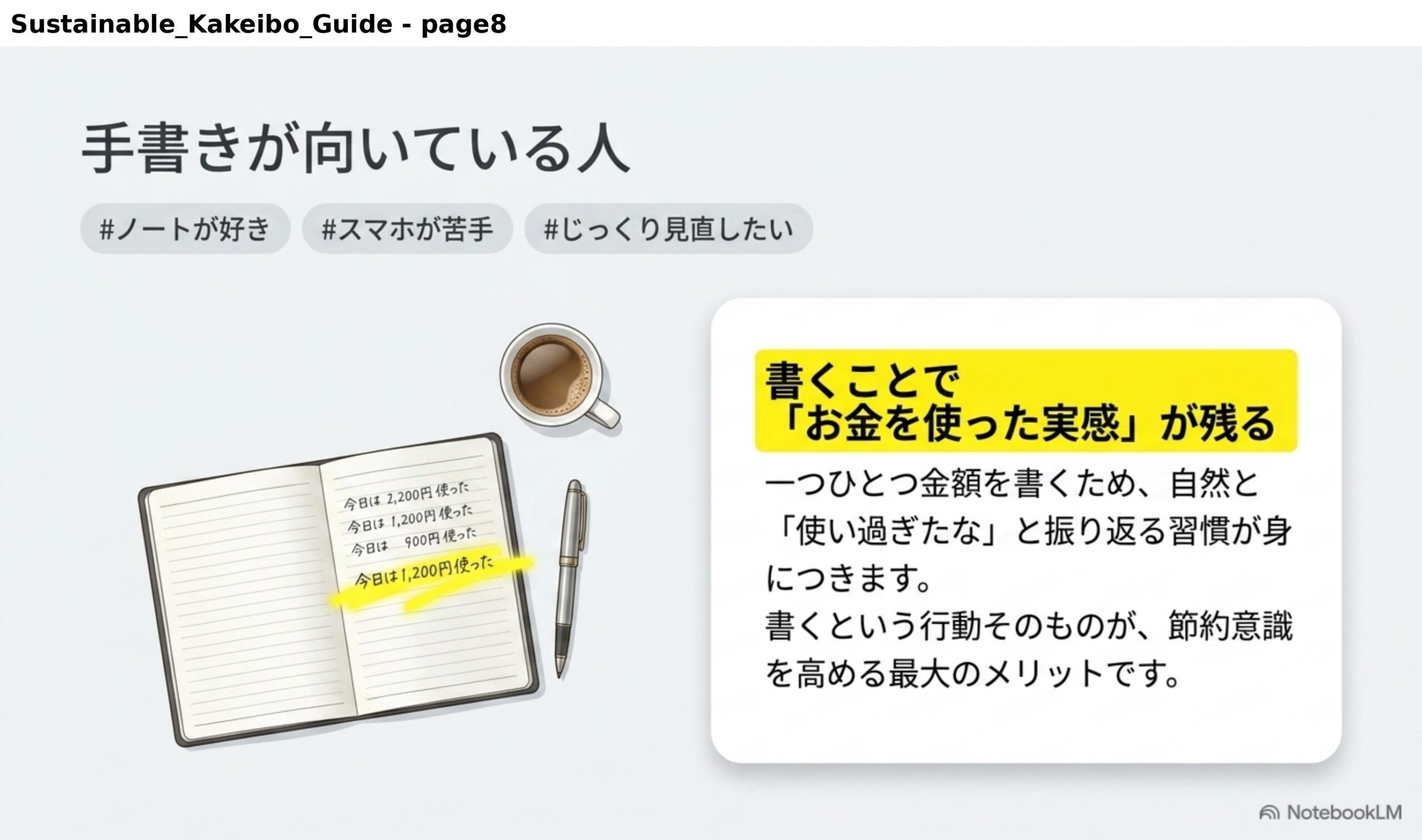 手書きが向いている人。#ノートが好き #スマホが苦手 #じっくり見直したい。書くことでお金を使った実感が残る。一つひとつ金額を書くため、自然と使い過ぎたなと振り返る習慣が身につきます。書くという行動そのものが節約意識を高める最大のメリットです。