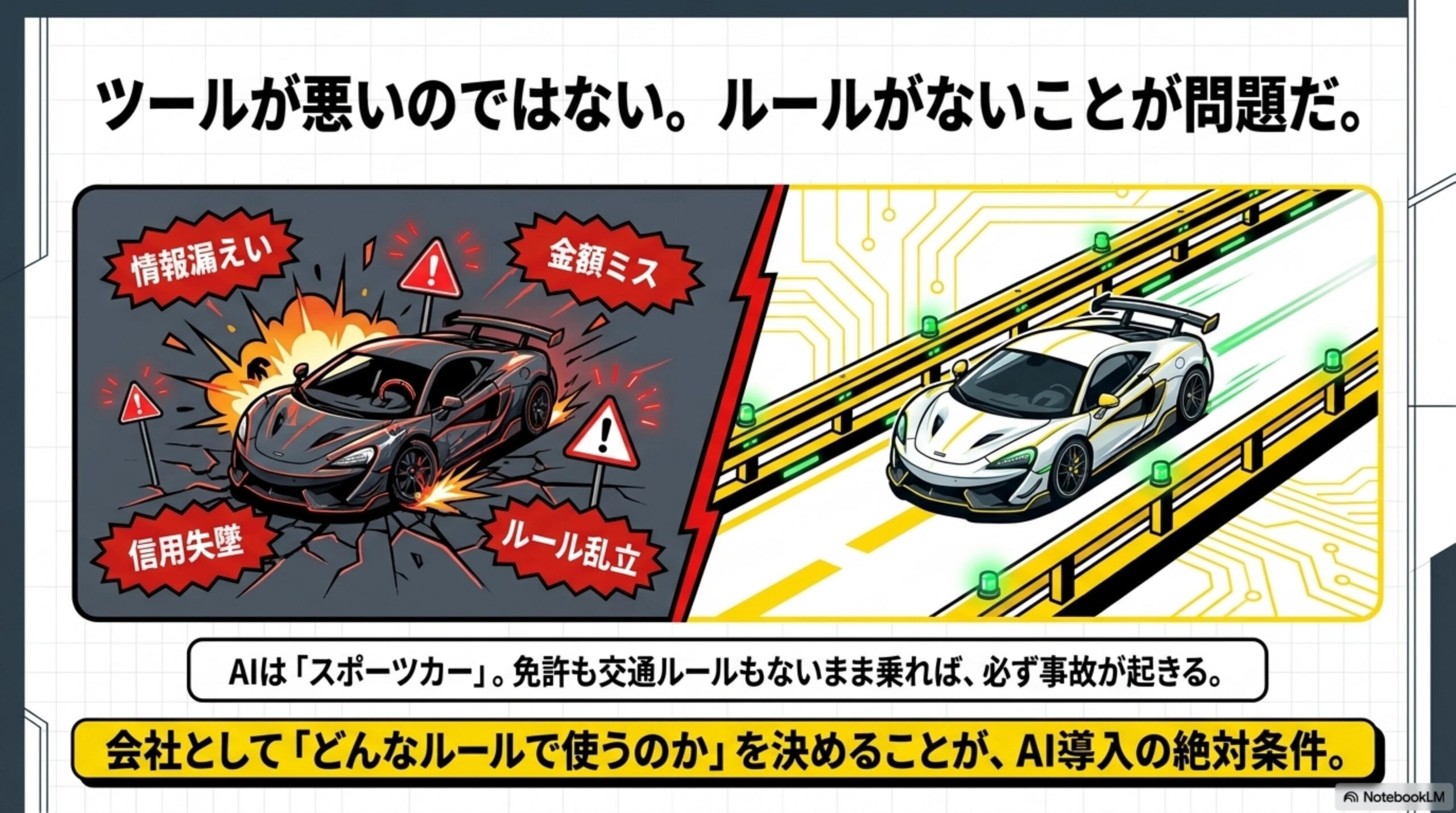 ツールが悪いのではない。ルールがないことが問題だ。左側：事故を起こしたスポーツカーと『情報漏えい』『金額ミス』『信用失墜』『ルール乱立』の警告。右側：ガードレールに沿って正しく走るスポーツカー。AIは『スポーツカー』。免許も交通ルールもないまま乗れば、必ず事故が起きる。会社として『どんなルールで使うのか』を決めることが、AI導入の絶対条件。