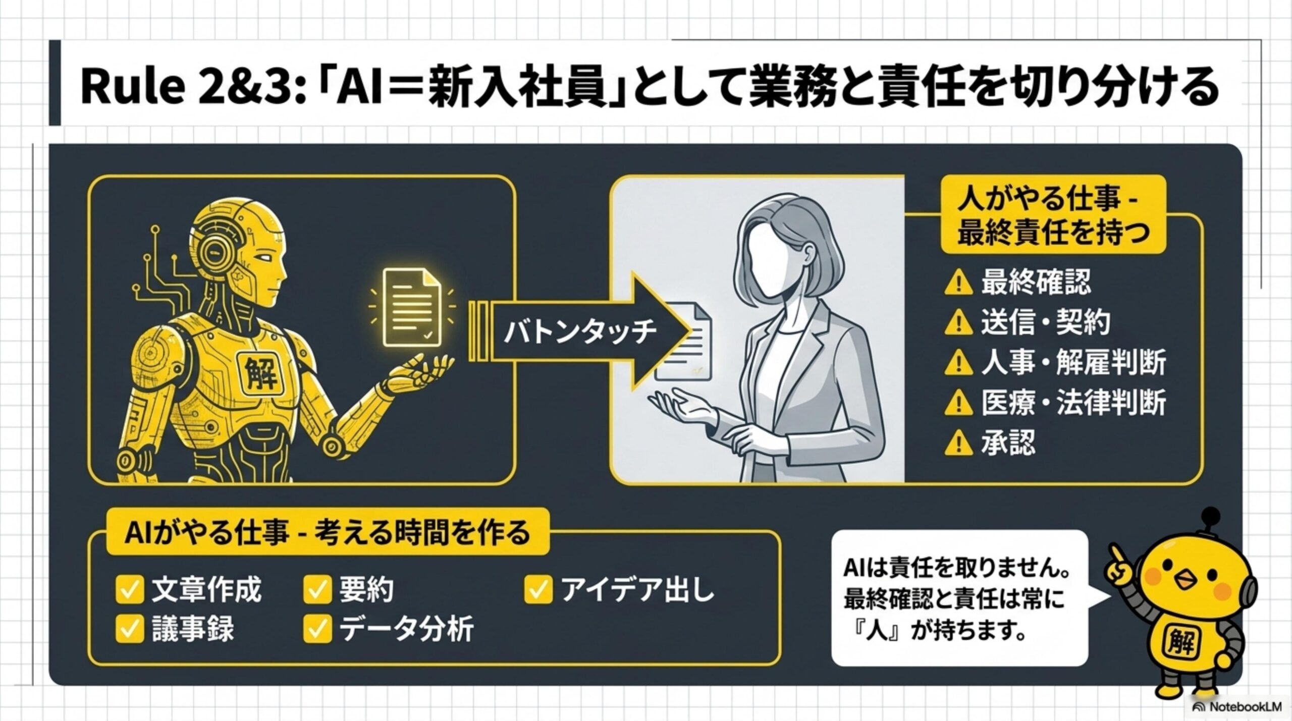 Rule2&3: 『AI＝新入社員』として業務と責任を切り分ける。AIロボットが資料を作成し『バトンタッチ』で人間へ渡すイラスト。人がやる仕事（最終責任を持つ）：最終確認、送信・契約、人事・解雇判断、医療・法律判断、承認。AIがやる仕事（考える時間を作る）：文章作成、要約、議事録、アイデア出し、データ分析。AIは責任を取りません。最終確認と責任は常に『人』が持ちます、とカイピヨくんが警告している。