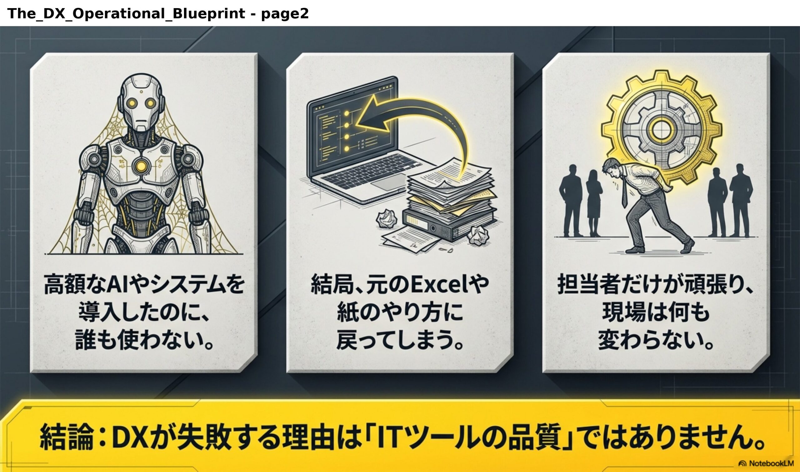 結論：DXが失敗する理由は「ITツールの品質」ではありません。高額なAIやシステムを導入したのに、誰も使わない。結局、元のExcelや紙のやり方に戻ってしまう。担当者だけが頑張り、現場は何も変わらない。