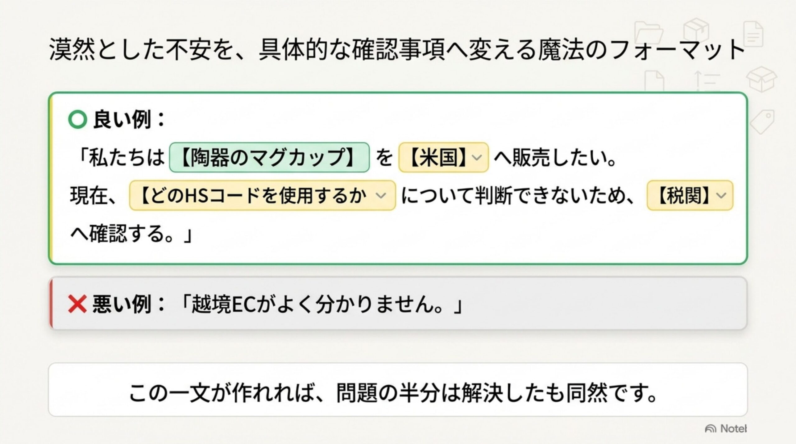 悪い例と良い例：漠然とした不安を具体的な確認事項に変えるフォーマット