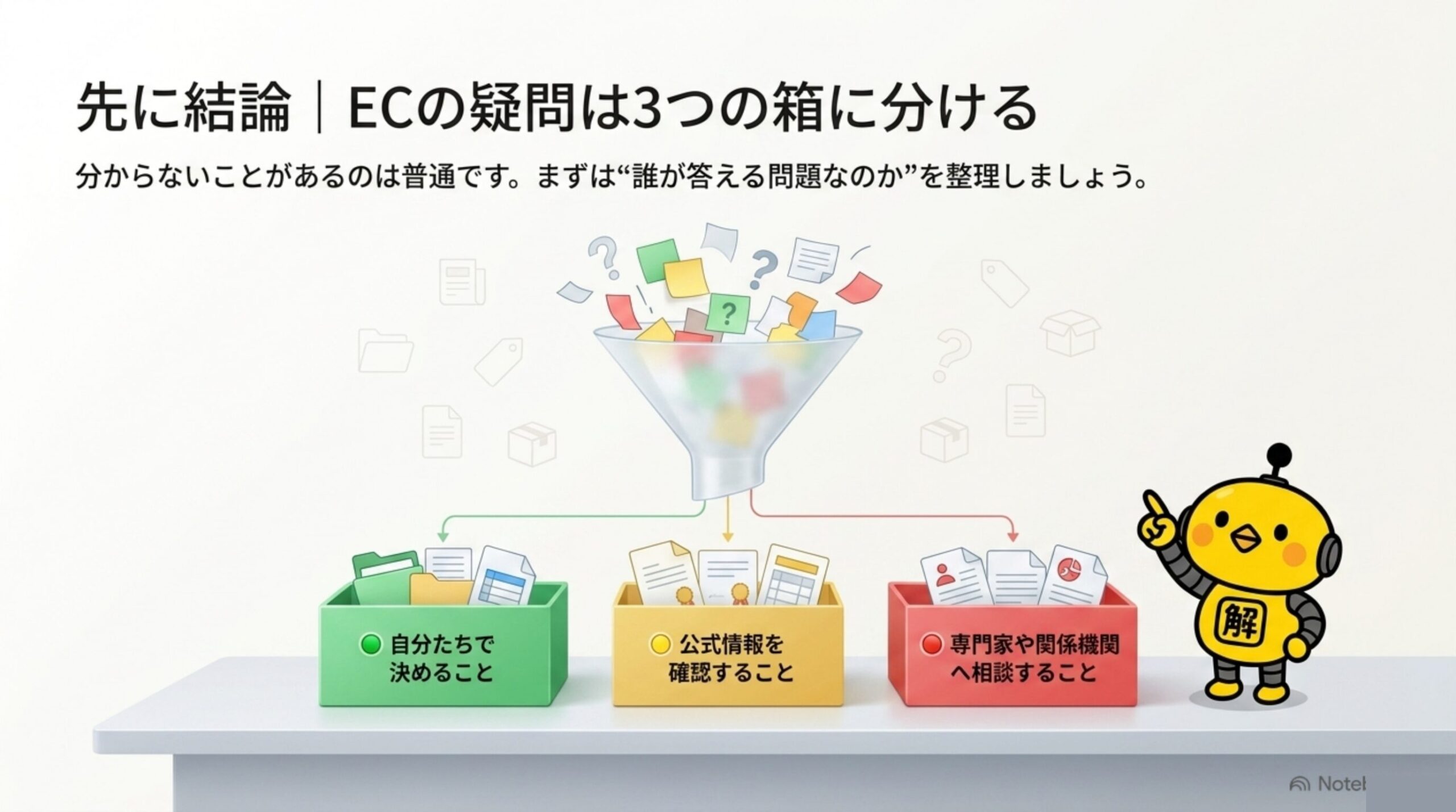 先に結論：ECの疑問を3つの箱に分けるイメージ