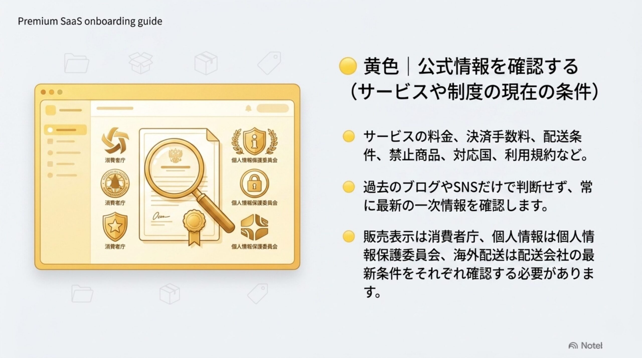 黄色の箱：公式情報を確認する（サービスや制度の現在の条件）のイメージ