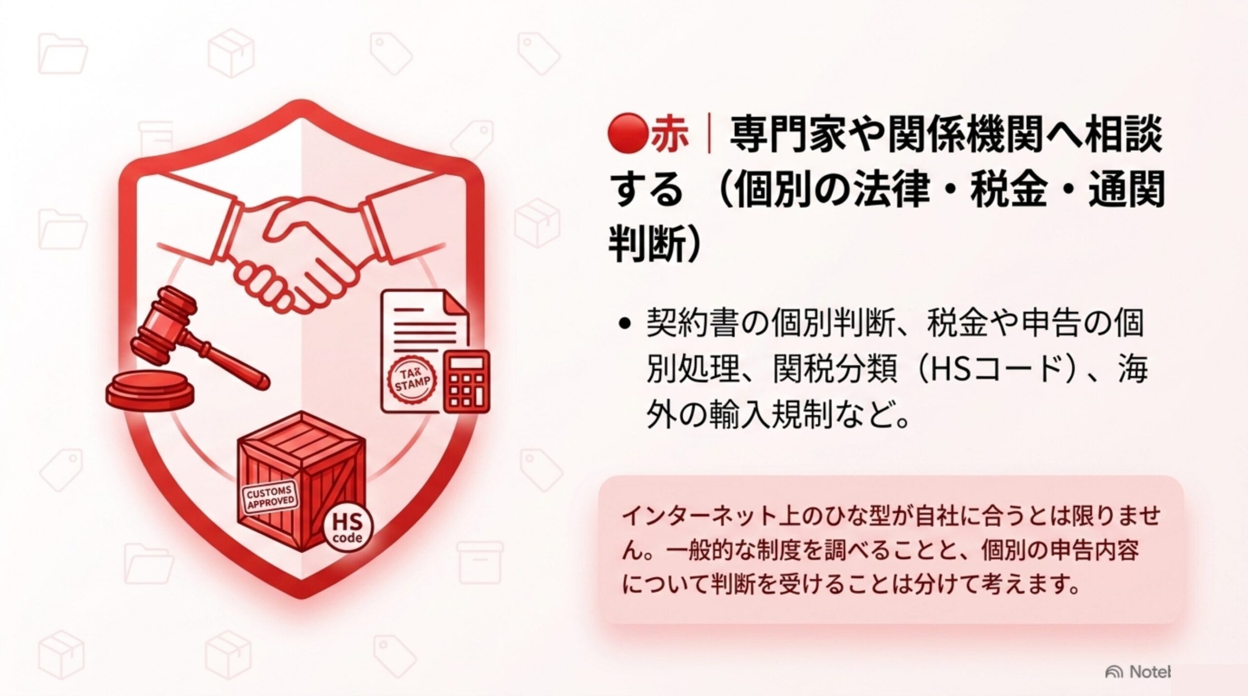 赤の箱：専門家や関係機関へ相談する（個別の法律・税金・通関判断）のイメージ