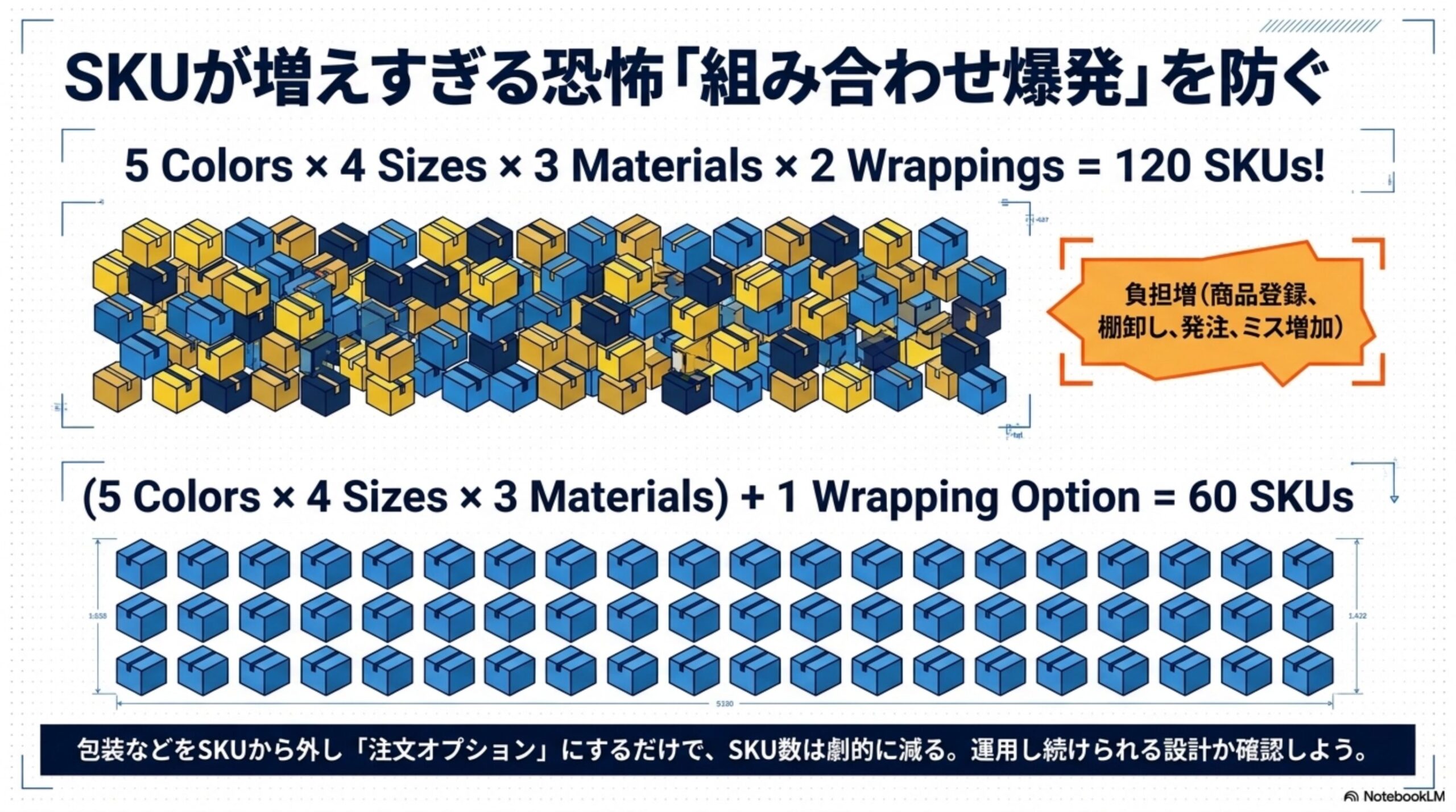SKUが増えすぎる恐怖「組み合わせ爆発」を防ぐ。5 Colors × 4 Sizes × 3 Materials × 2 Wrappings = 120 SKUs（負担増：商品登録・棚卸し・発注・ミス増加）。(5 Colors × 4 Sizes × 3 Materials) + 1 Wrapping Option = 60 SKUs。包装などをSKUから外し注文オプションにするだけで、SKU数は劇的に減る。運用し続けられる設計か確認しよう