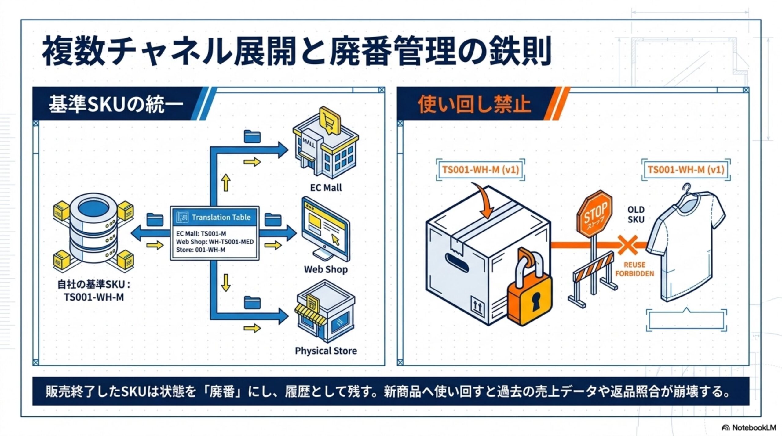 複数チャネル展開と廃番管理の鉄則。左：基準SKUの統一。自社の基準SKU：TS001-WH-Mを対応表（Translation Table）でEC Mall・Web Shop・Physical Storeそれぞれのコードへ変換する。右：使い回し禁止。旧SKU TS001-WH-M(v1)を新商品へ再利用するのはSTOP。販売終了したSKUは状態を廃番にし履歴として残す。新商品へ使い回すと過去の売上データや返品照合が崩壊する
